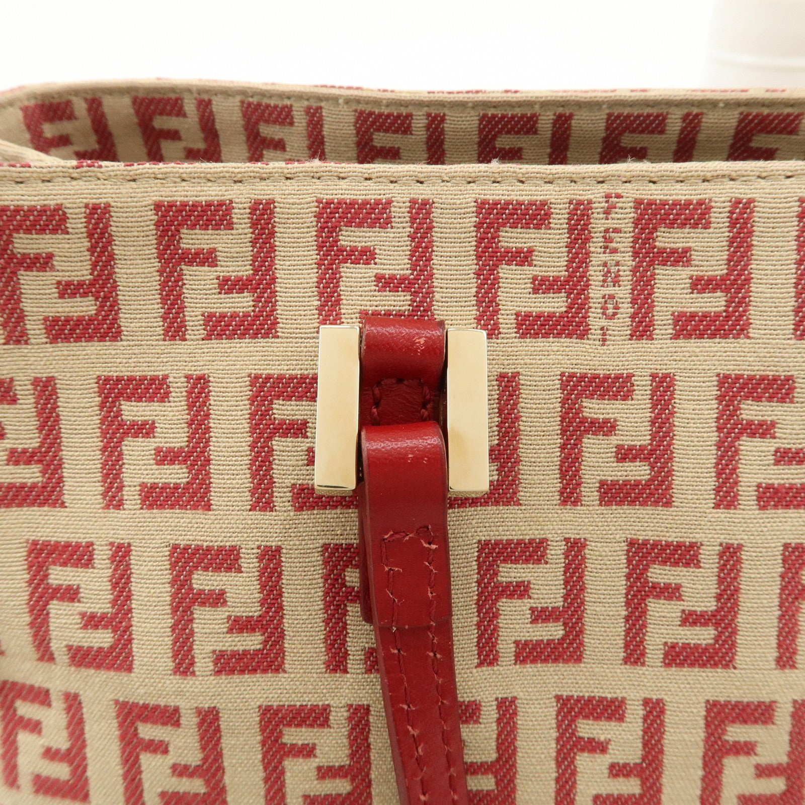 FENDI Zucchino Canvas Leather Tote Hand Bag Beige Red 8BH132