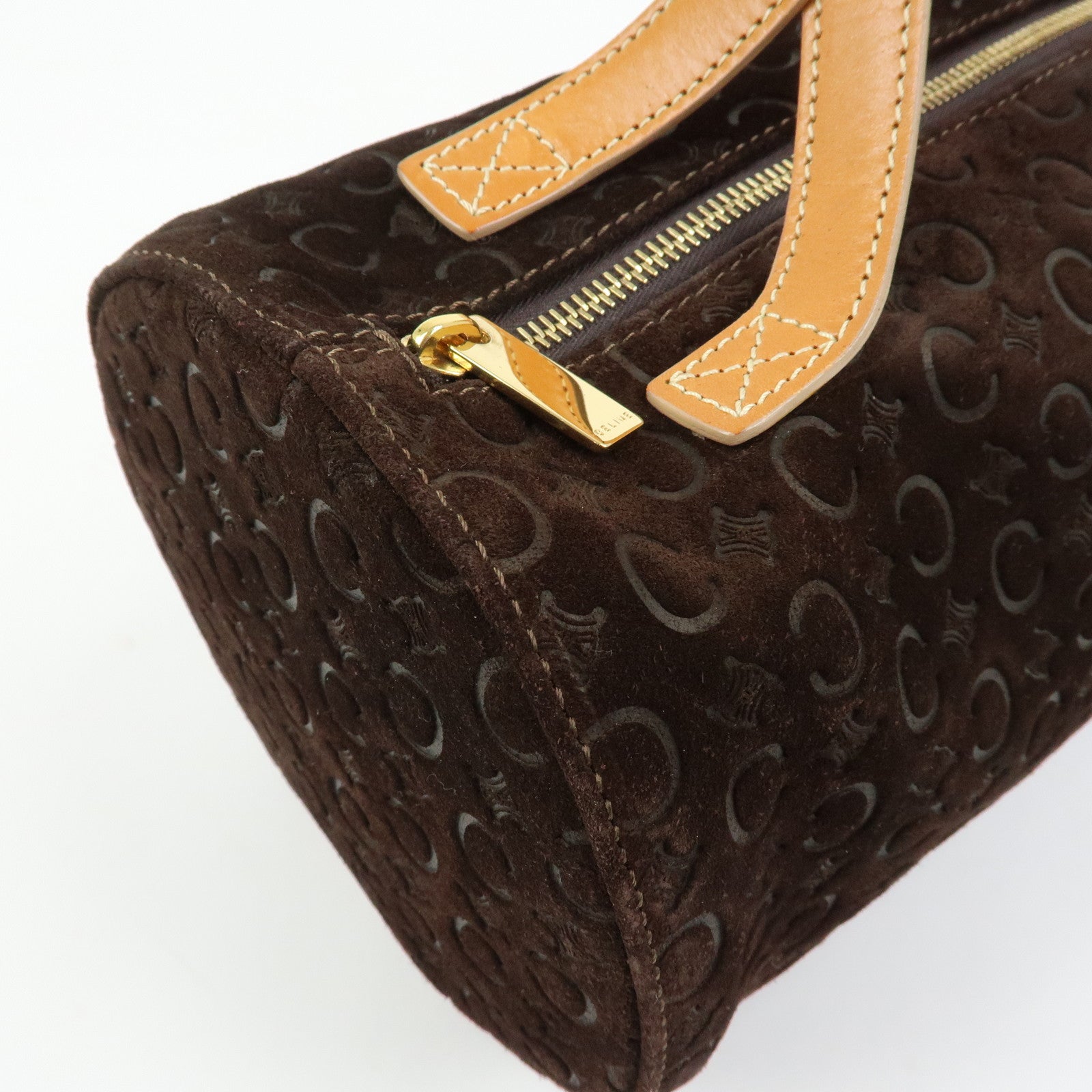 CELINE C Macadam Suede Leather Hand Bag Drum Bag Dark Brown