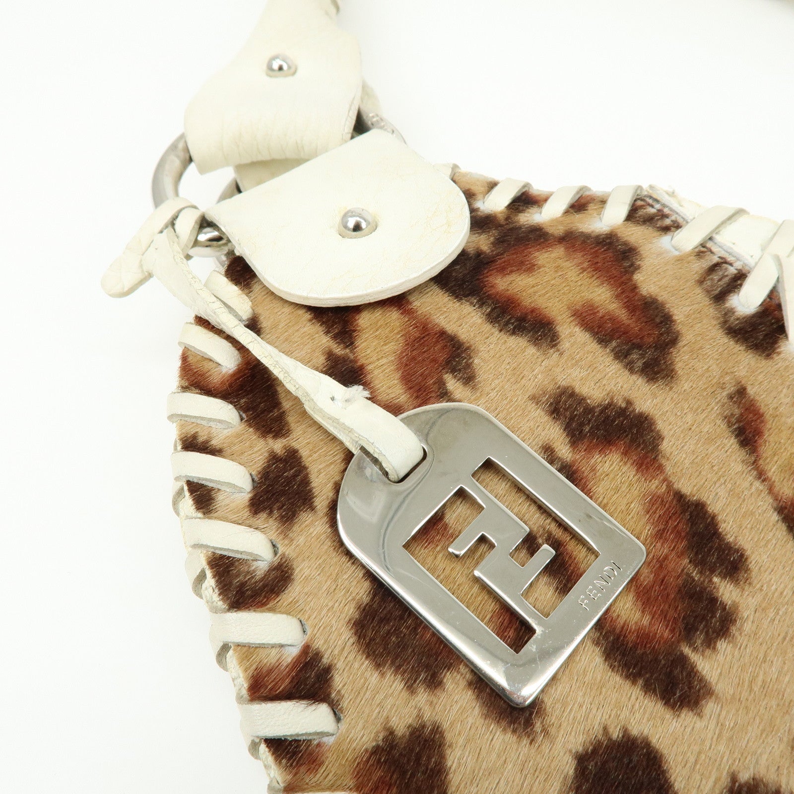 FENDI Unborn Calf Leather Tote Bag Leopard White Beige 8BR285