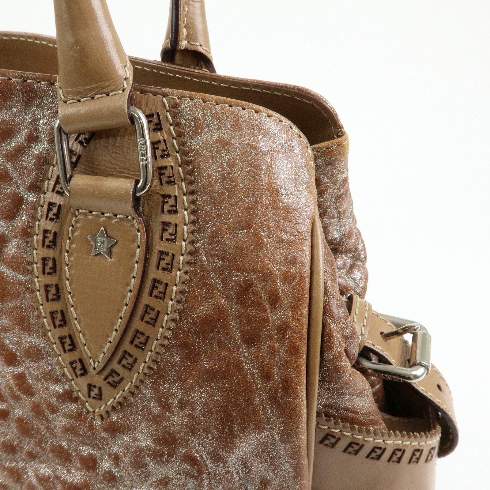 FENDI Ethnico Leather Tote Bag Shoulder Bag Camel 8BN162