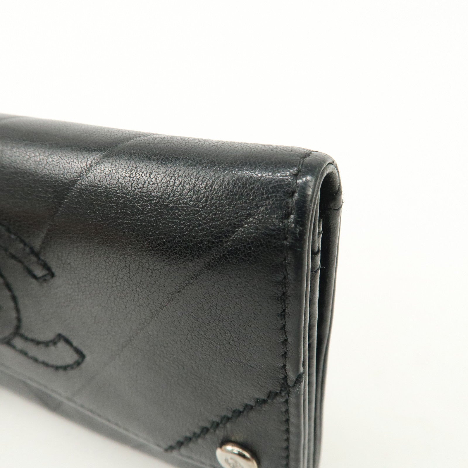 CHANEL V Stitch Lamb Skin COCO Mark Hook Bi-Fold Wallet Black Used