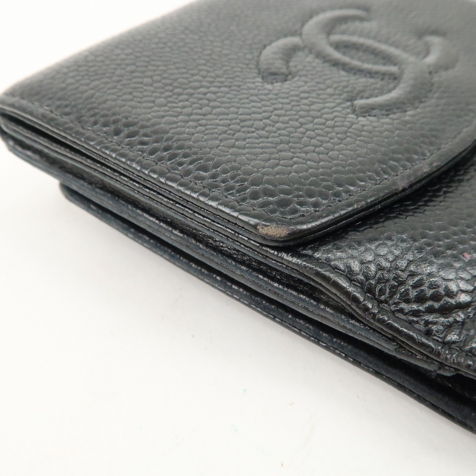 CHANEL COCO Mark Caviar Skin Double Hook Wallet Black A13496 Used