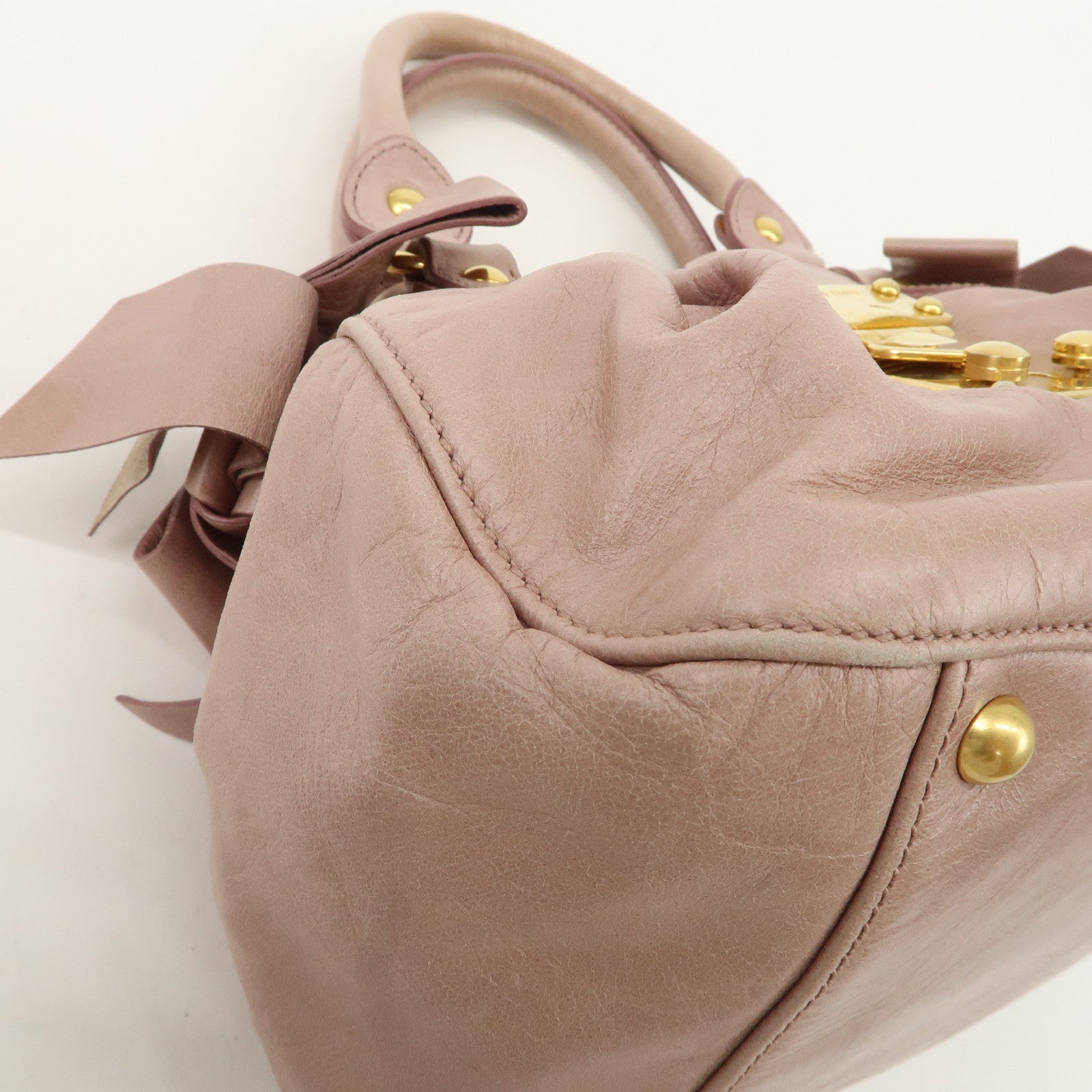 MIU MIU Leather 2WAY Bag Hand Bag Shoulder Bag Gold HDW Beige