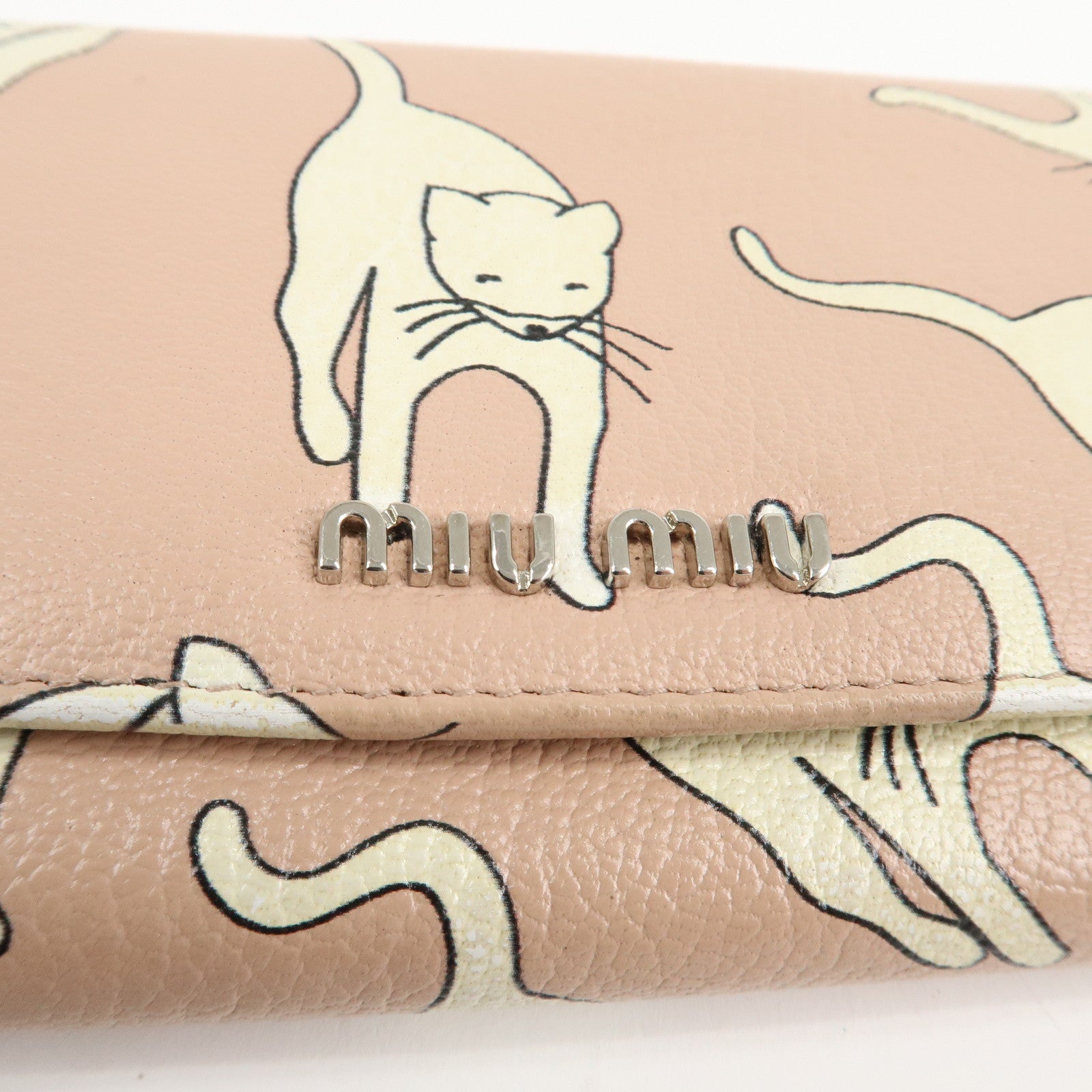 MIU MIU Leather Cat Motif Long Wallet Pink Beige 5MH109