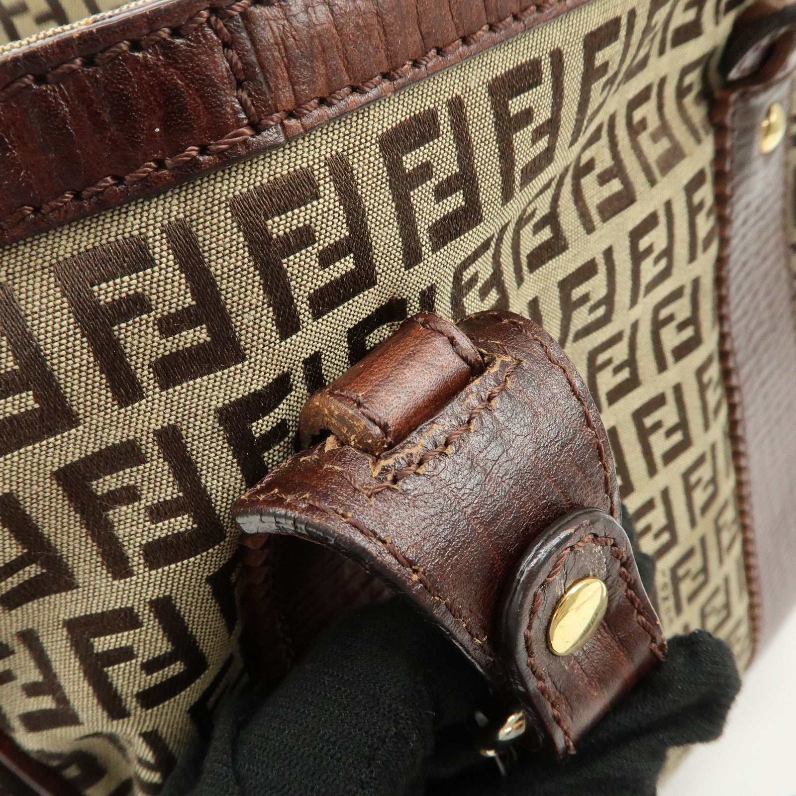 FENDI Zucchino Canvas Leather Tote Bag Khaki Brown 8BH161 Used