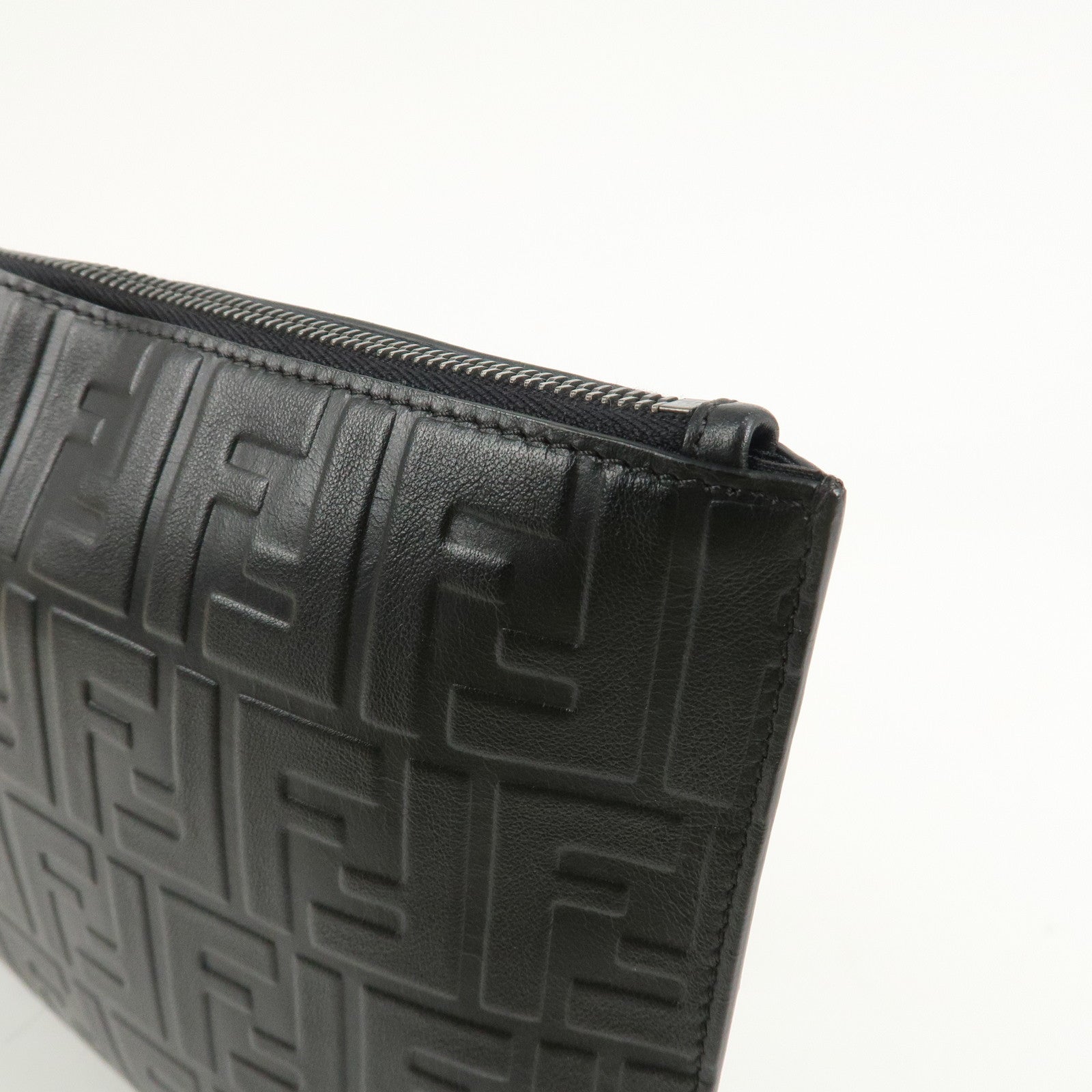 FENDI Zucca Leather Clutch Bag Hand Bag  Black 7N0078 Used