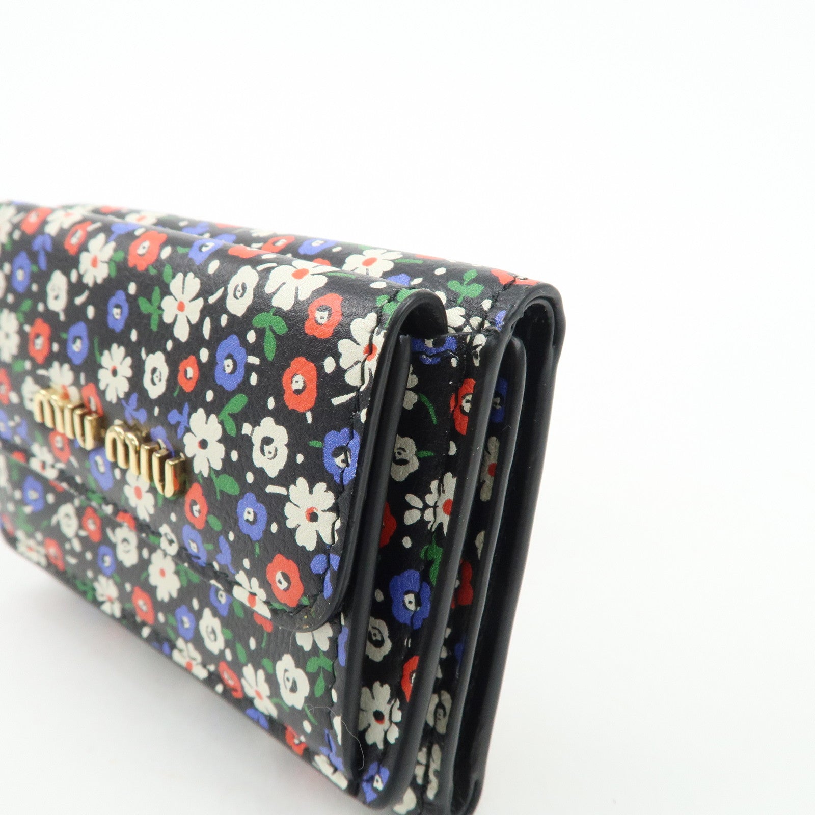 MIU MIU Leather Wallet Compact Flower Black Multicolor