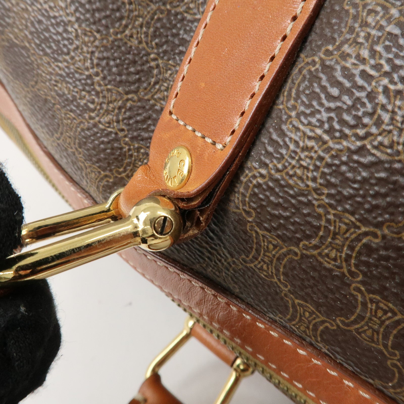 CELINE Macadam PVC Leather Boston Bag Hand Bag Brown Used