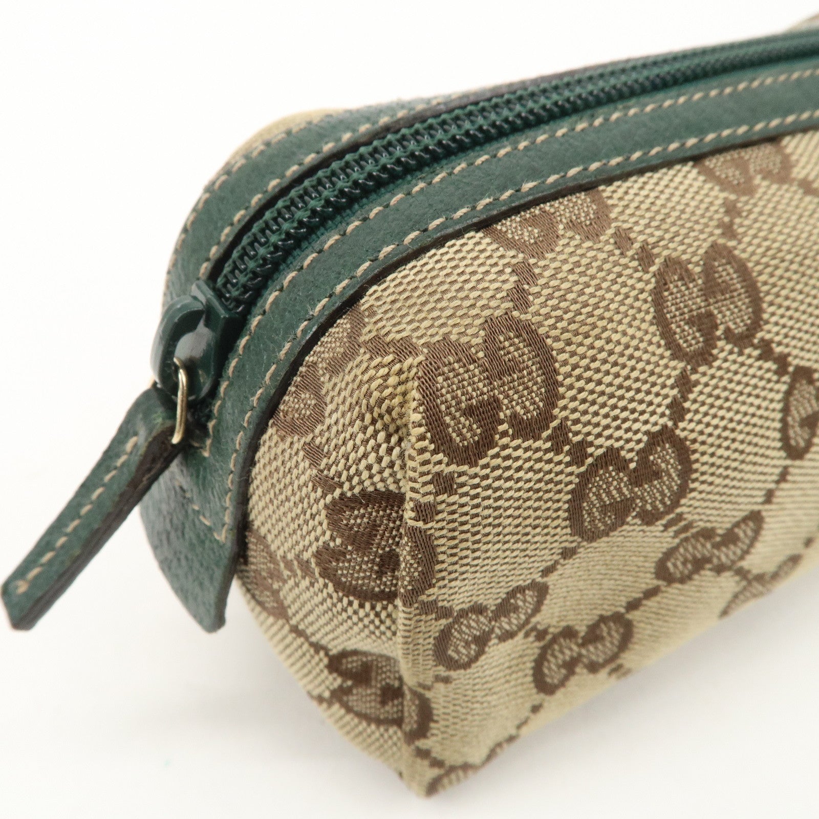 GUCCI GG Canvas Leather Cosmetic Pouch Beige Green 29596