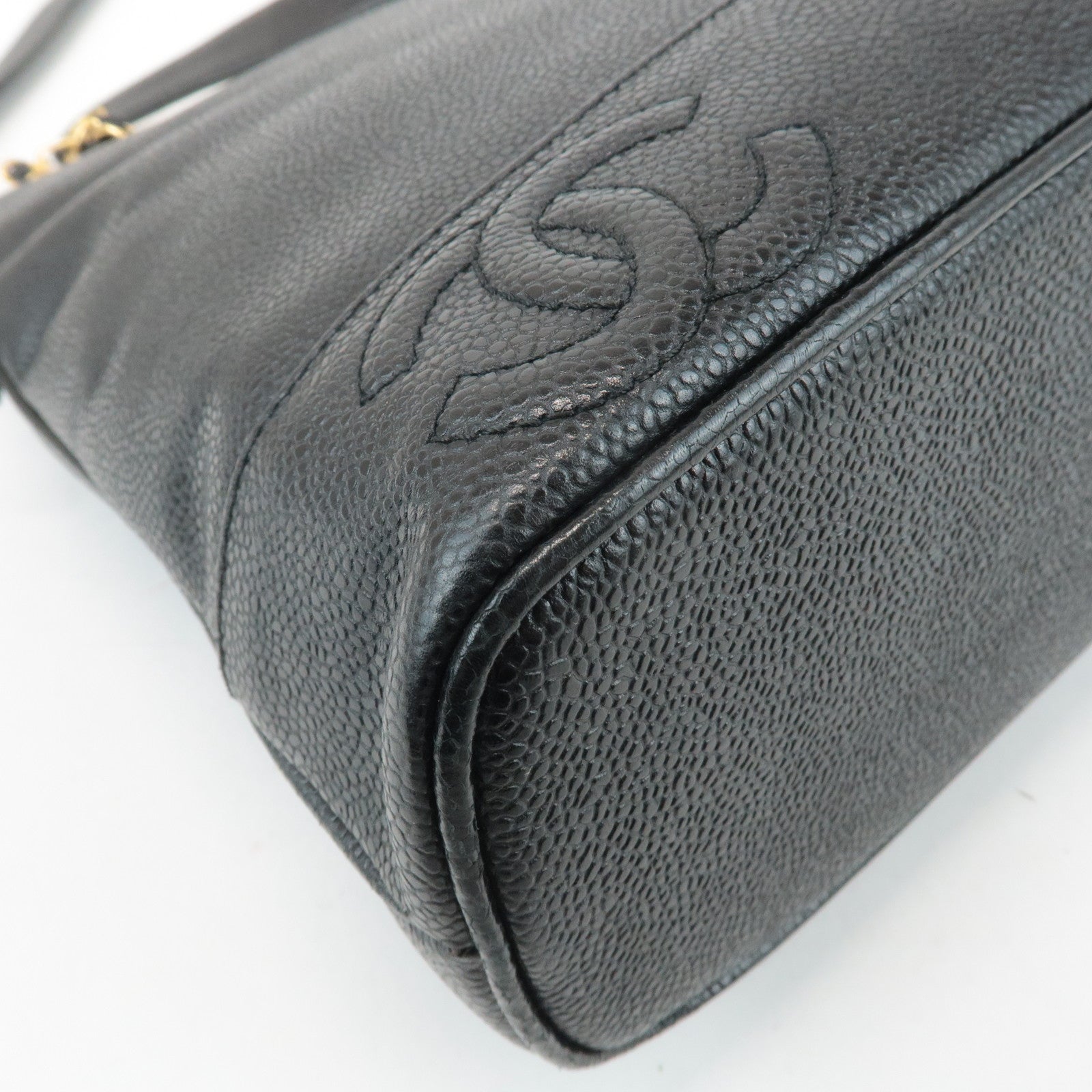 CHANEL Triple COCO Caviar Skin Chain Tote Bag Shoulder Bag Black Used