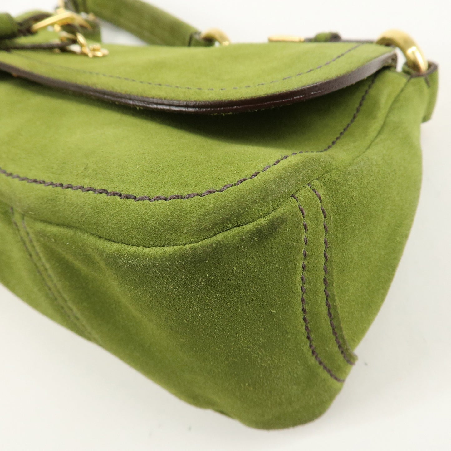 PRADA Suede One Shoulder Bag Green Gold Hardware