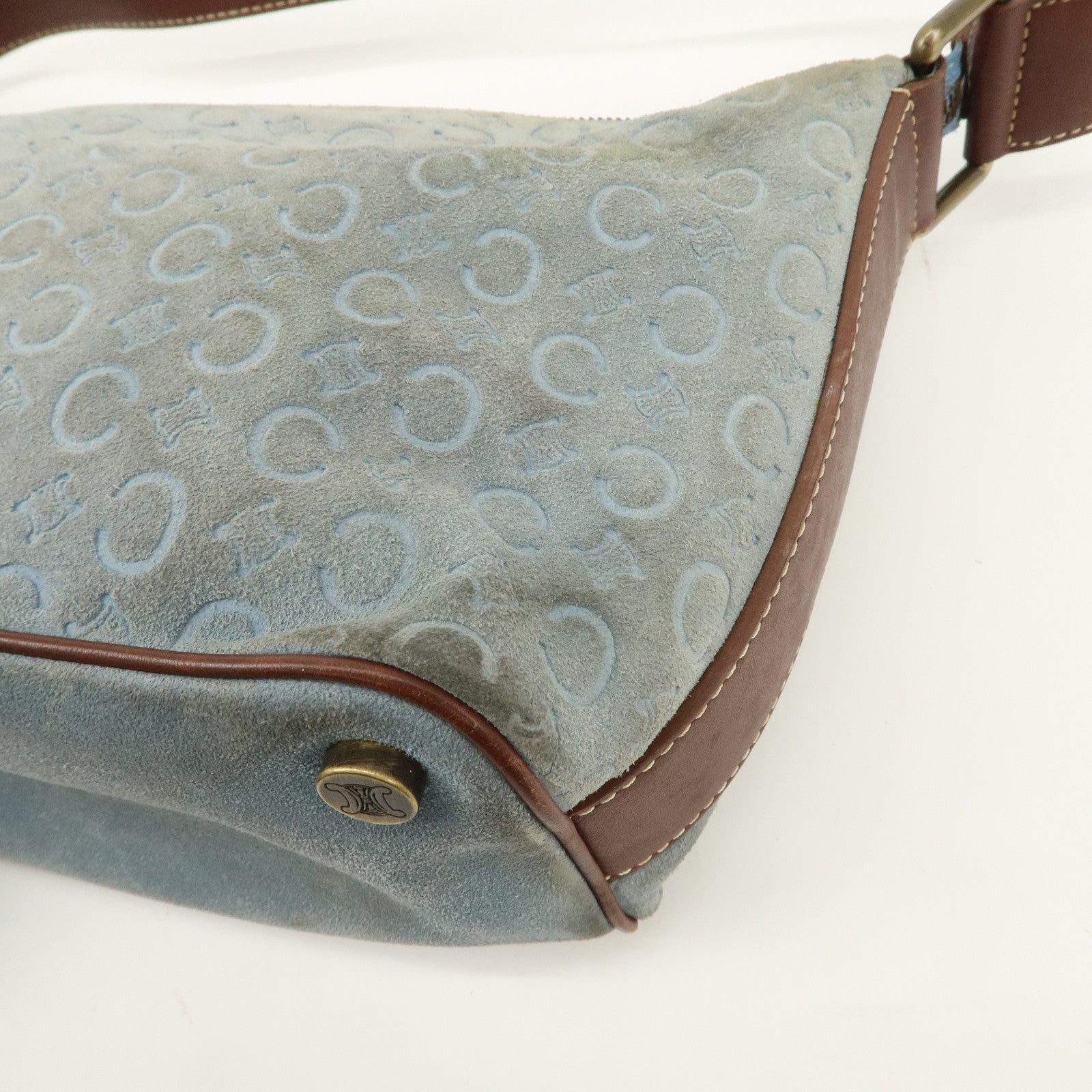 CELINE C Macadam Suede Leather Shoulder Bag Light Blue Brown