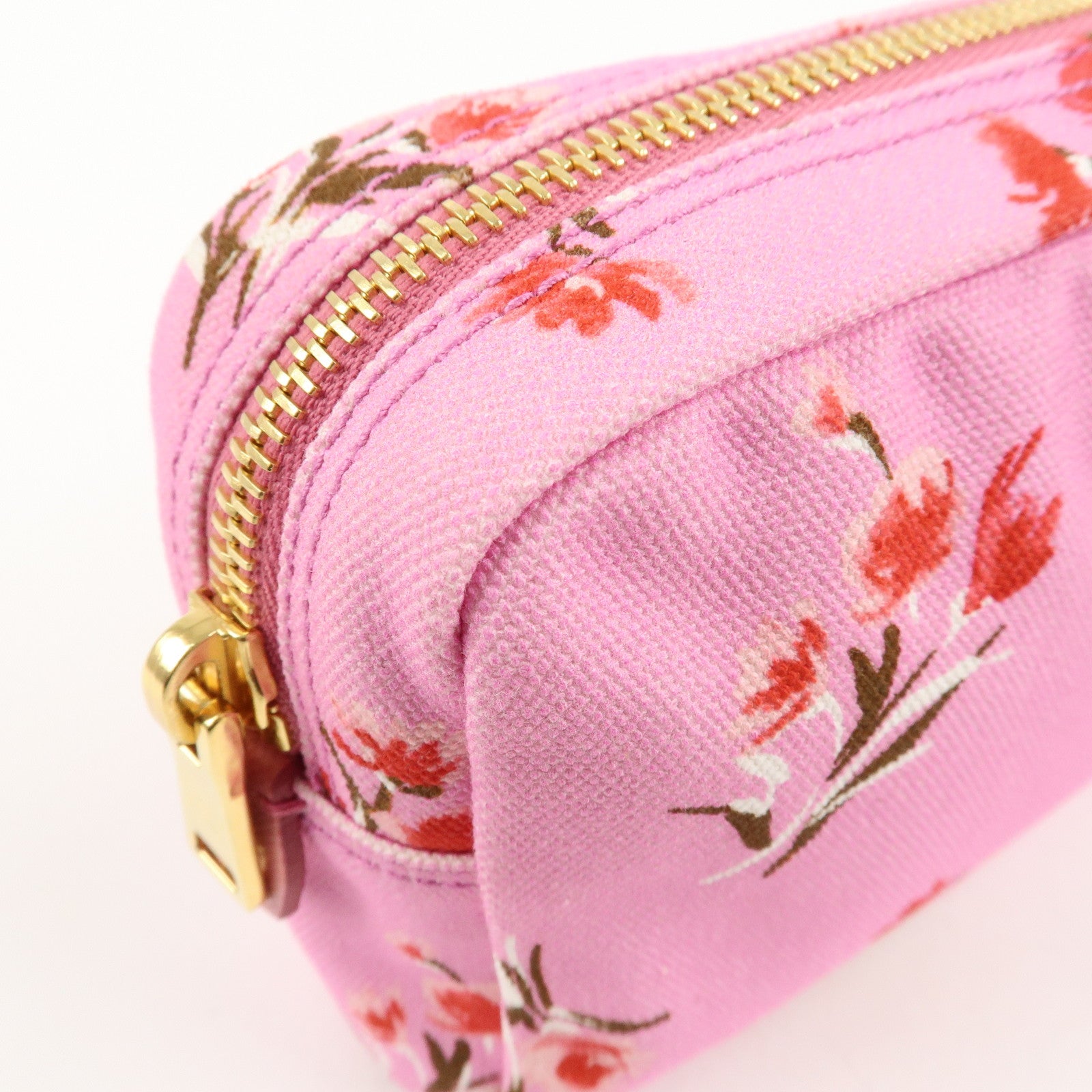 PRADA Canapa Canvas Leather Cosmetic Pouch Flower 1NA021 Pink