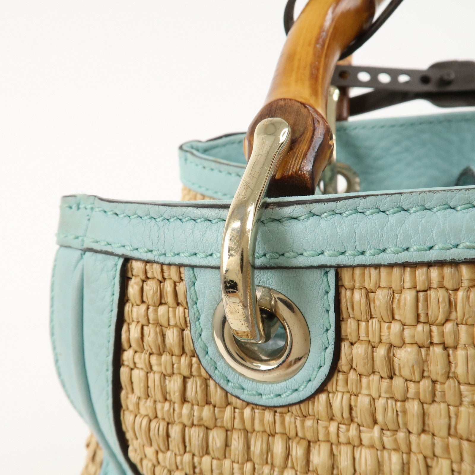 GUCCI Bamboo Raffia Leather Small Shopper Hand Bag Blue 336032