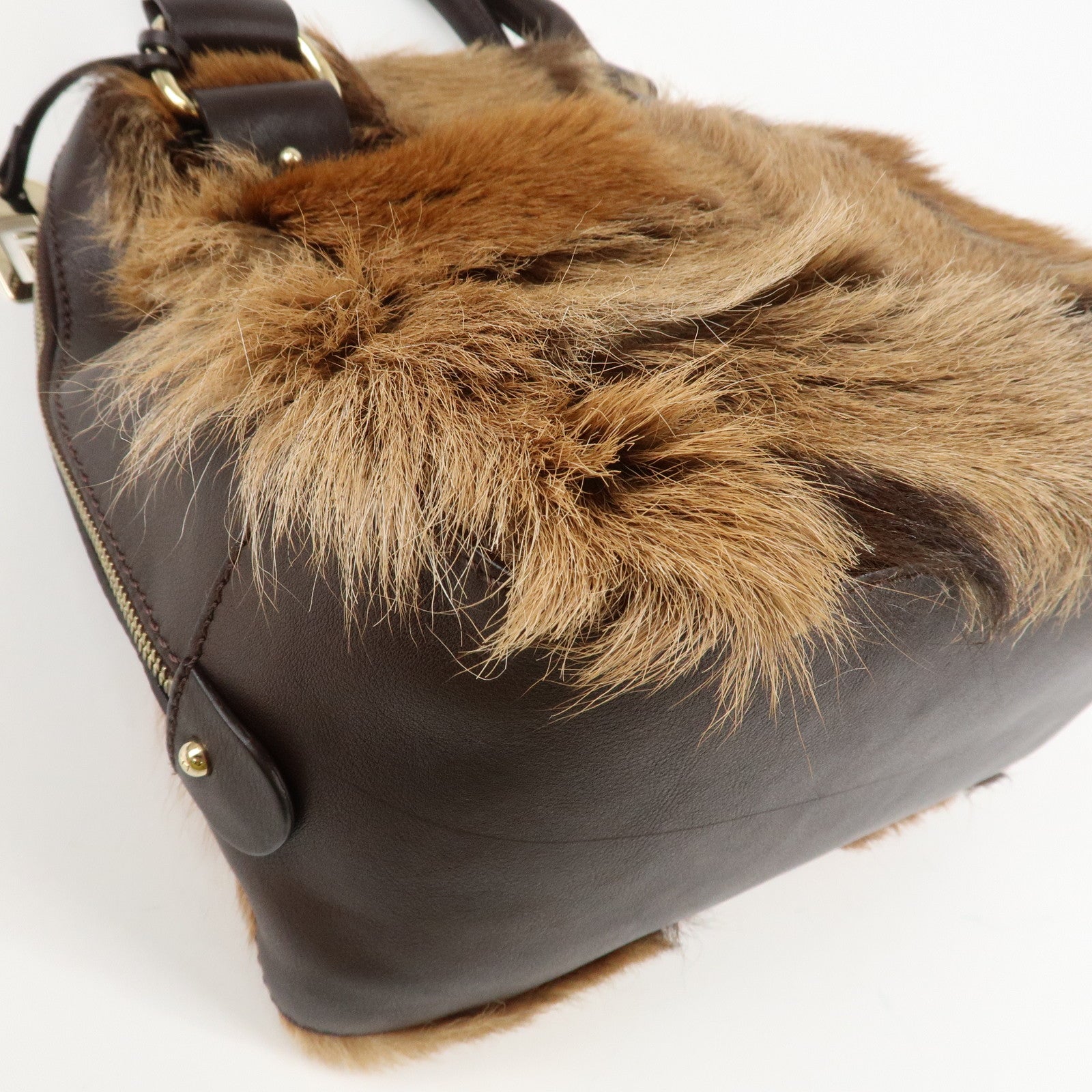 FENDI Fur Leather Tote Bag Hand Bag Shoulder Bag Brown 8BR286 Used