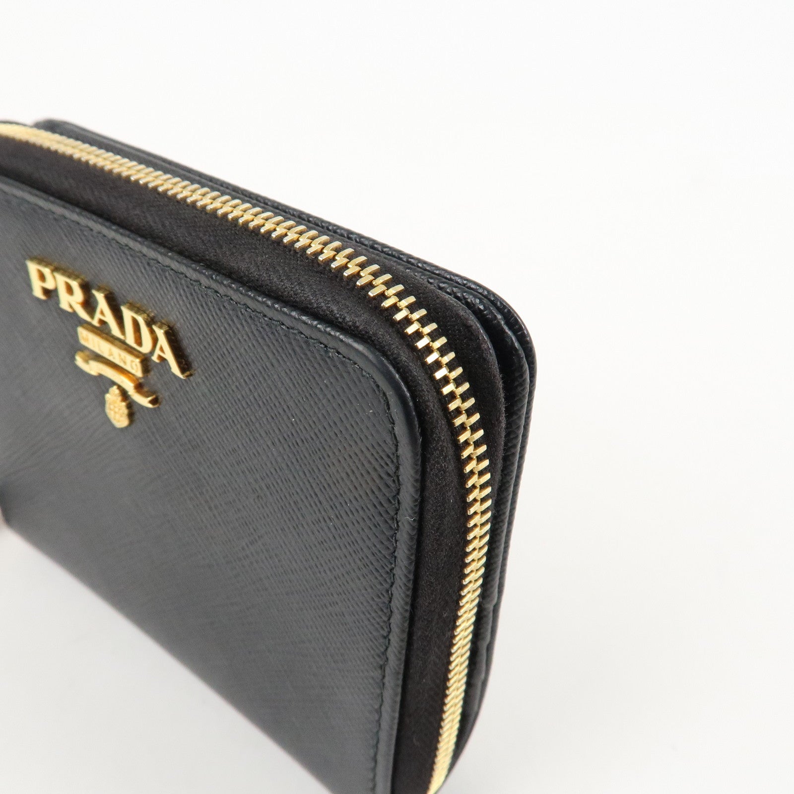 PRADA Logo Leather Zip Around Bi-fold Wallet Black 1ML522 Used