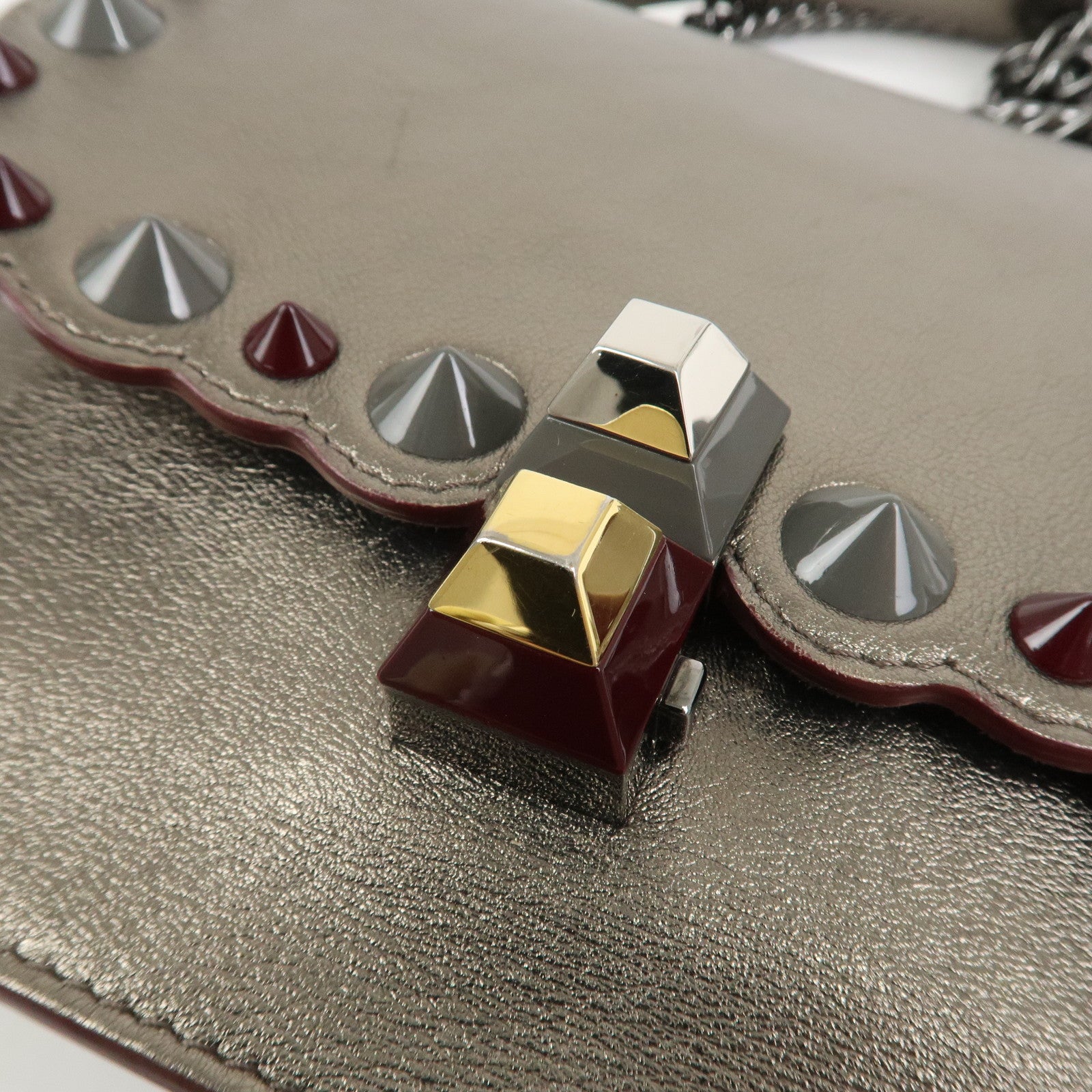 FENDI Mini Kan I Leather Chain Shoulder Bag Metallic Gray 8M0381