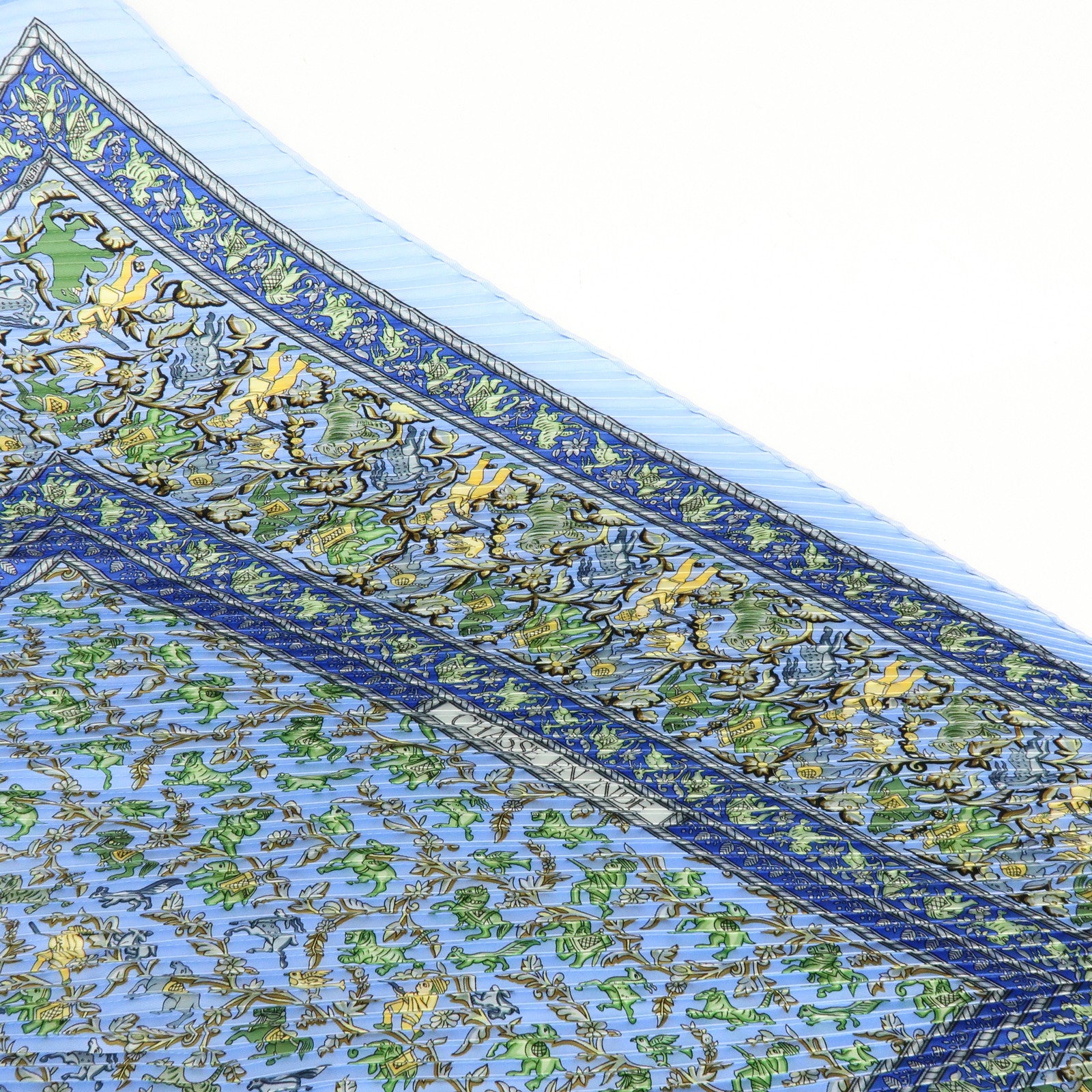 HERMES Pleats Carre Silk 100% Scarf CHASSE EN INDE Blue
