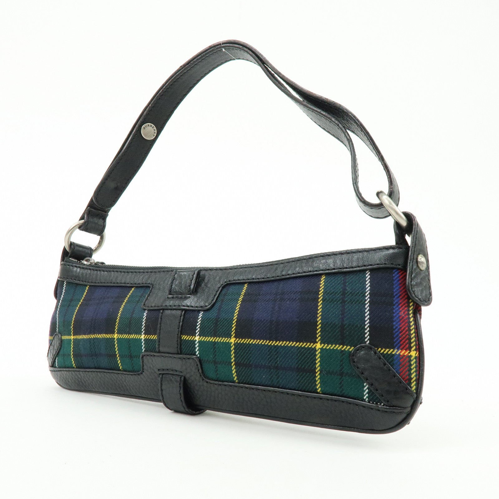 BURBERRY Canvas Leather Plaid Shoulder Bag Black Green