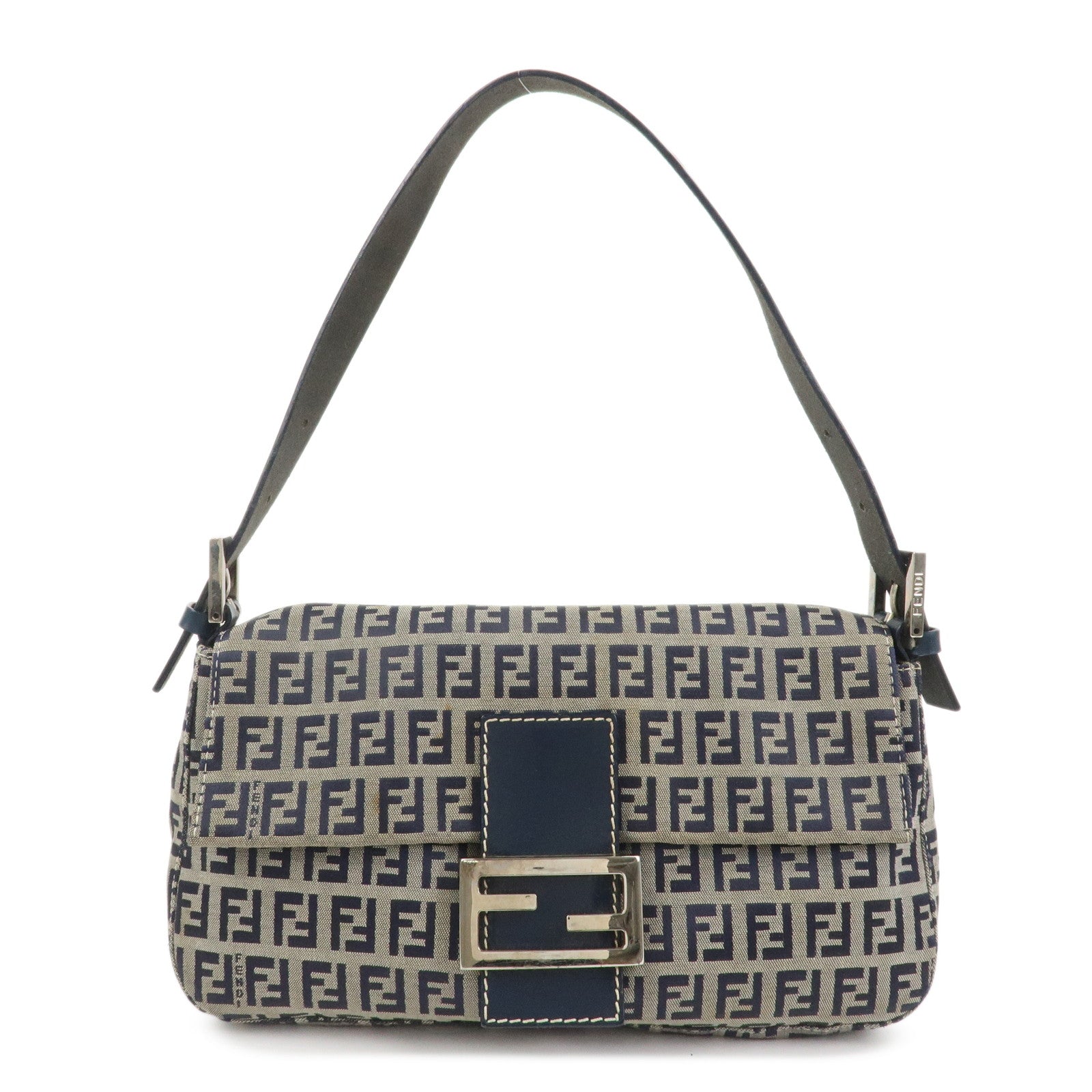 FENDI Mamma Baguette Zucchino Canvas Shoulder Bag Navy 26424