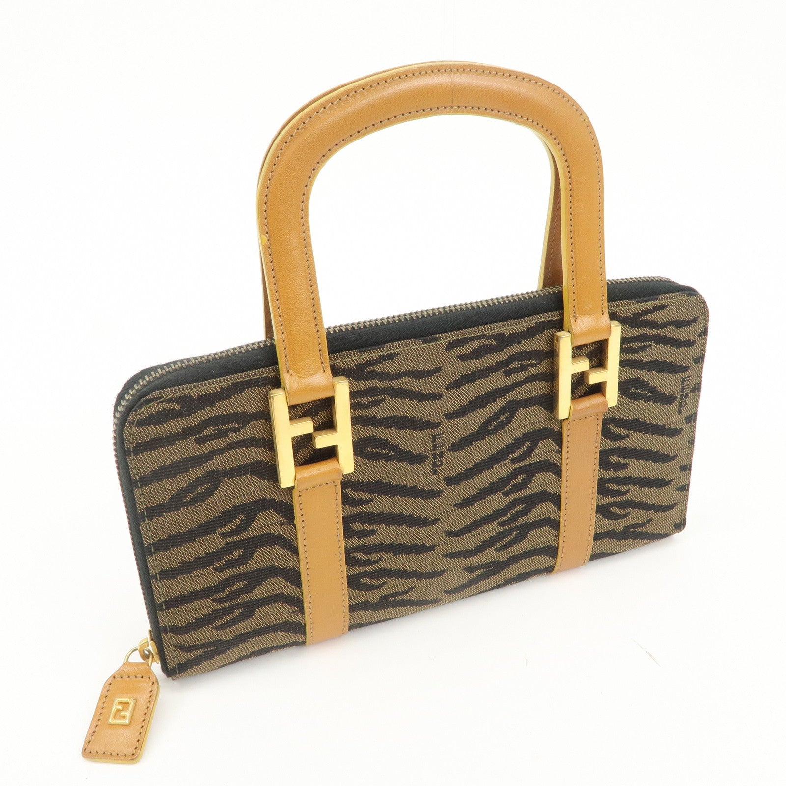 FENDI Logo Canvas Leather Hand Bag Animal Print Yellow Black 26347