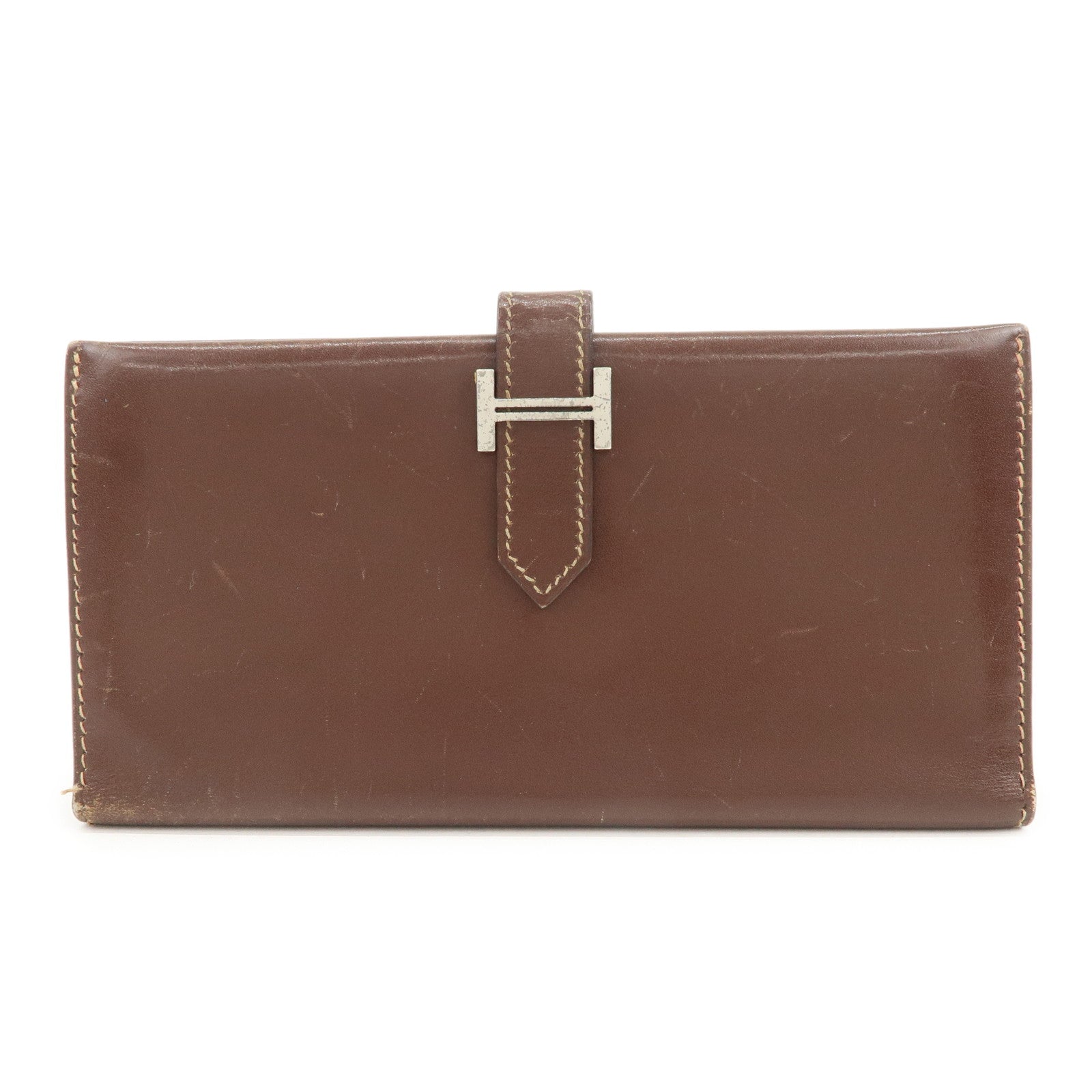 HERMES Béarn Classic Leather Long Wallet F Stamped Brown