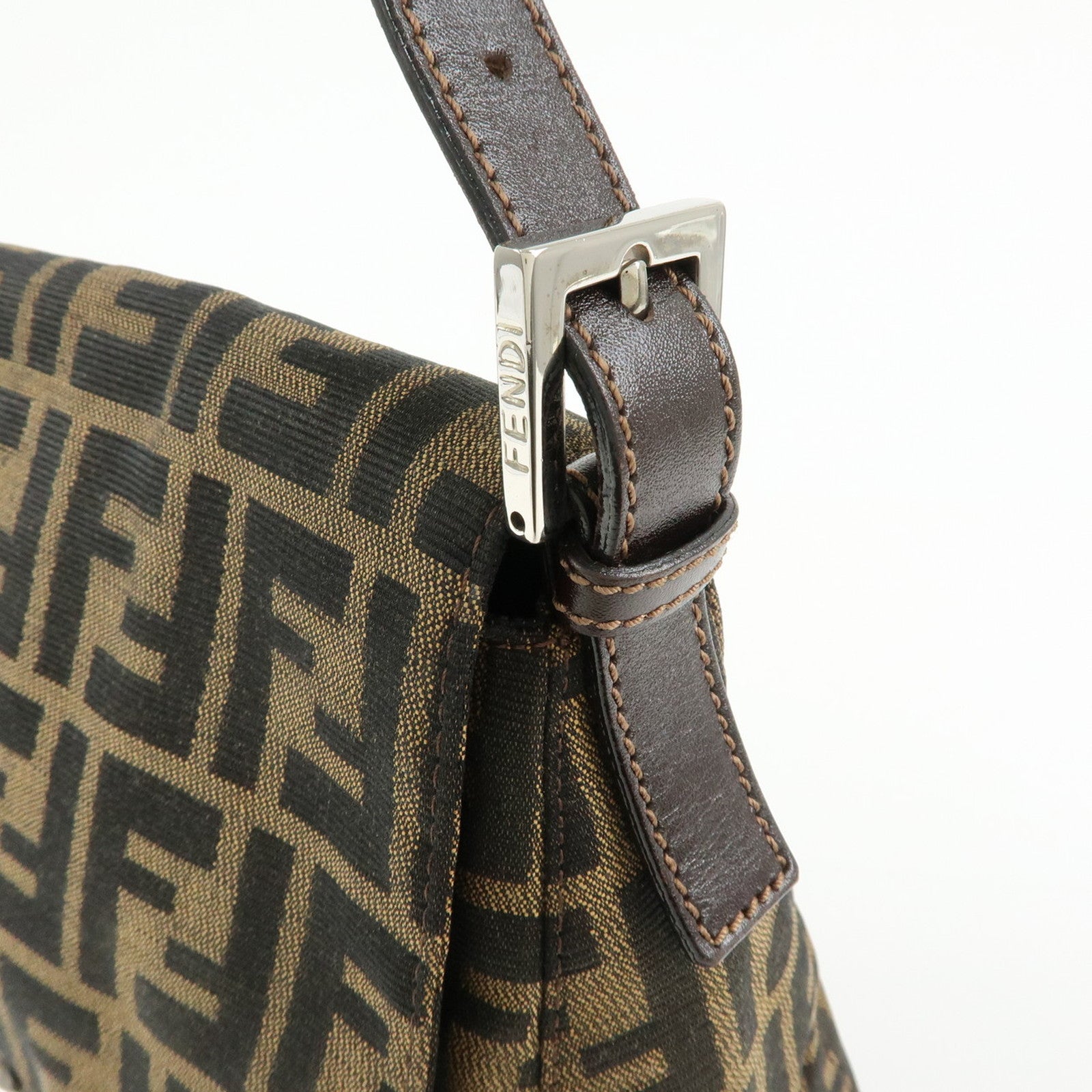 FENDI Mamma Baguette Zucca Canvas Leather Shoulder Bag Brown 26325