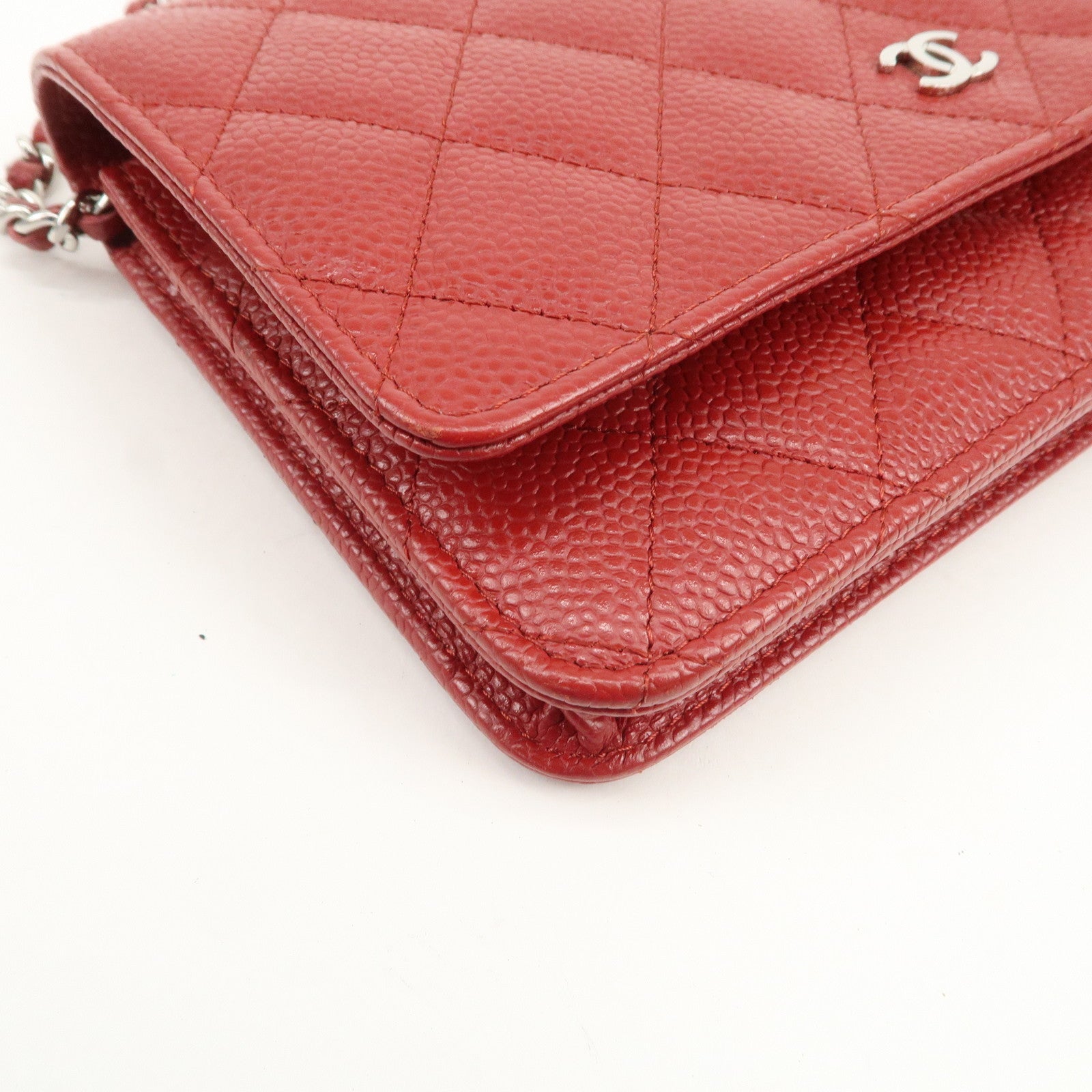 CHANEL Matelasse COCO Mark Caviarskin Chain Wallet Red A33814