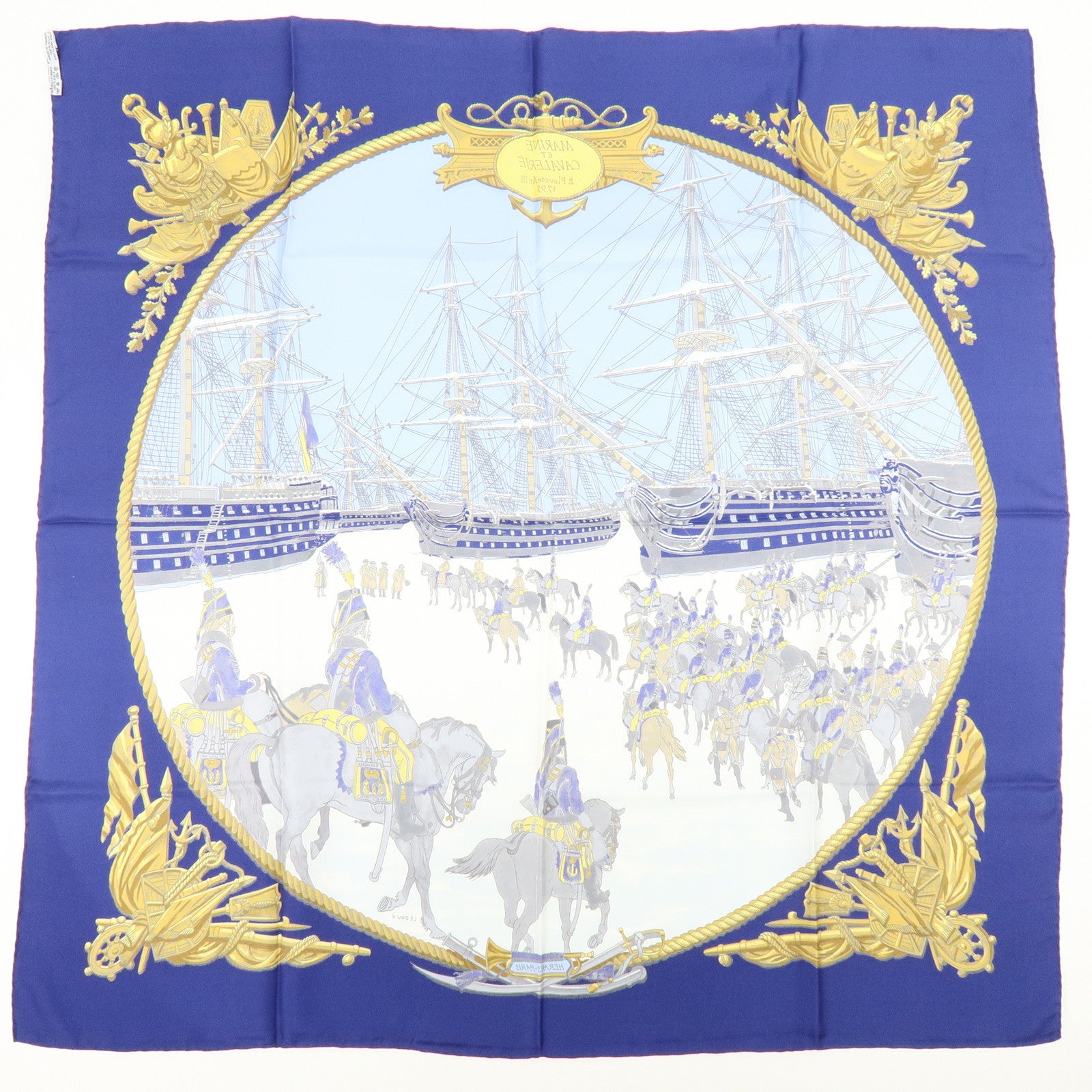 HERMES Carre 90 Silk 100% MARINE ET CAVALERIE Scarf Blue Navy