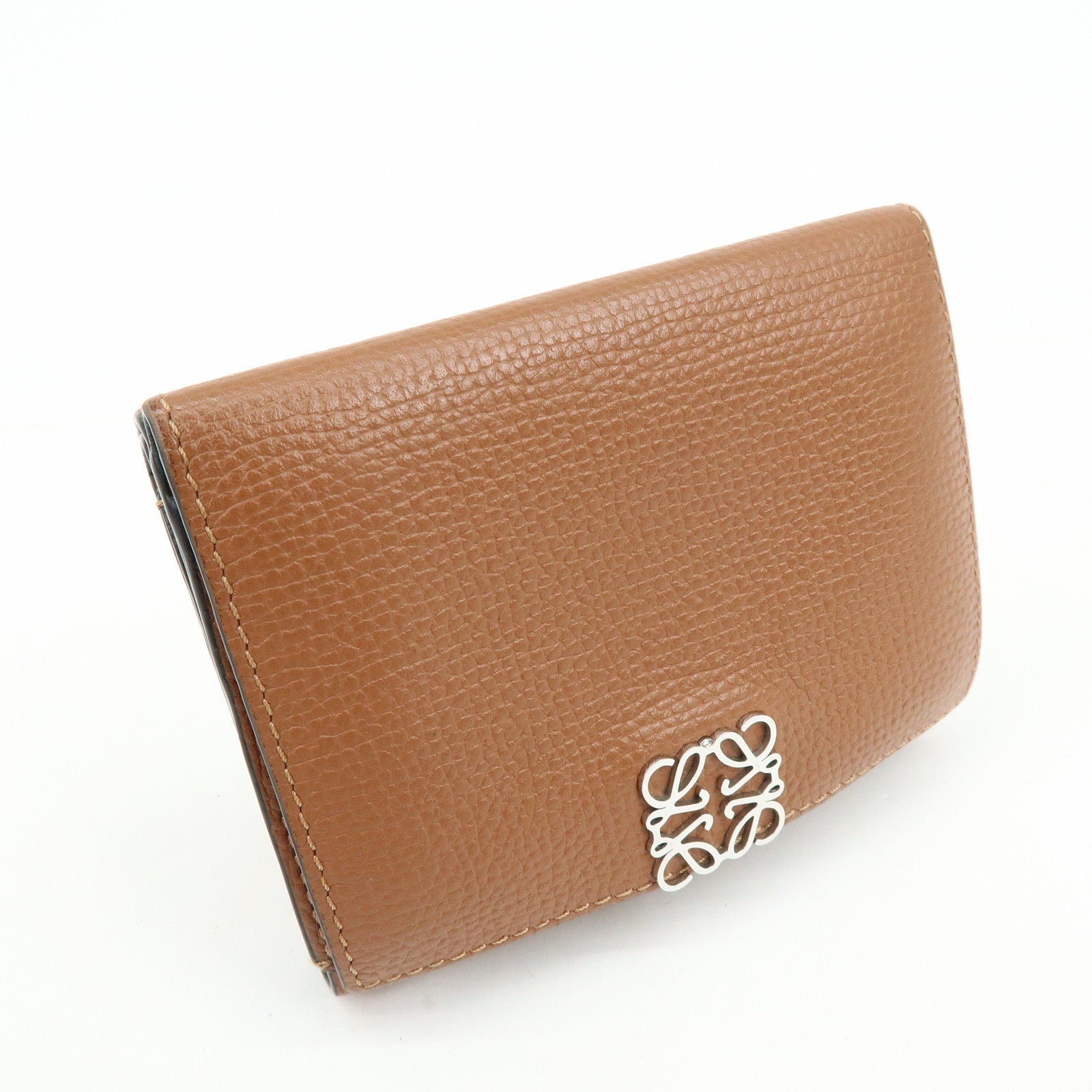 LOEWE Anagram Pebble Grained Calf Compact Tri-fold Wallet Camel