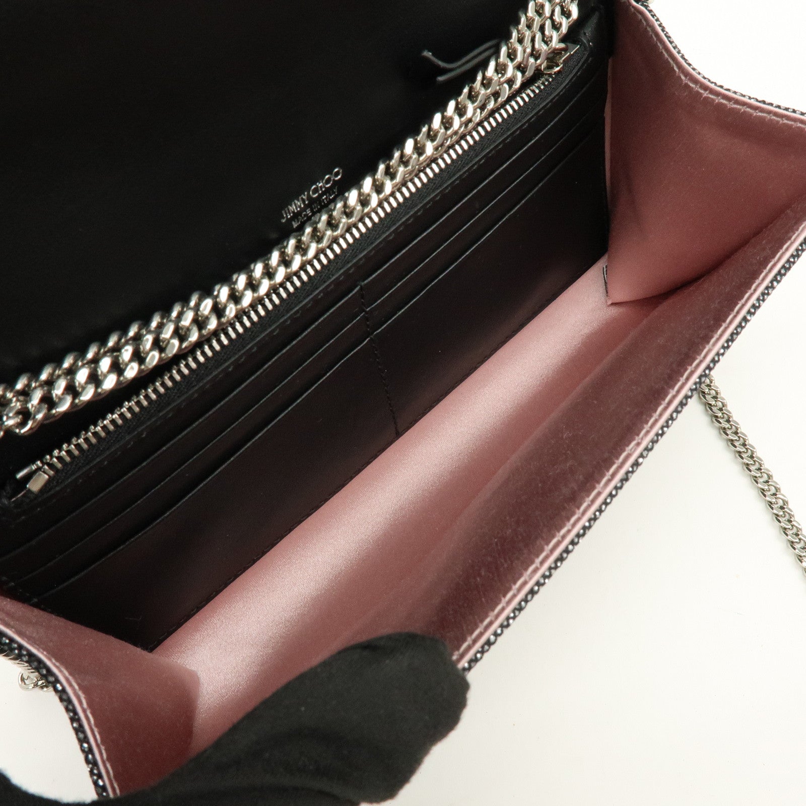 JIMMY CHOO Emmie Canvas Leather Chain Shoulder Bag Silver Black