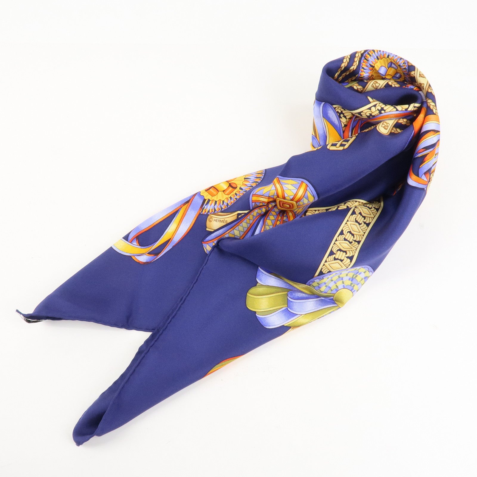 HERMES Carre 90 Silk 100% LES RUBANS DU CHEVAL Navy Used