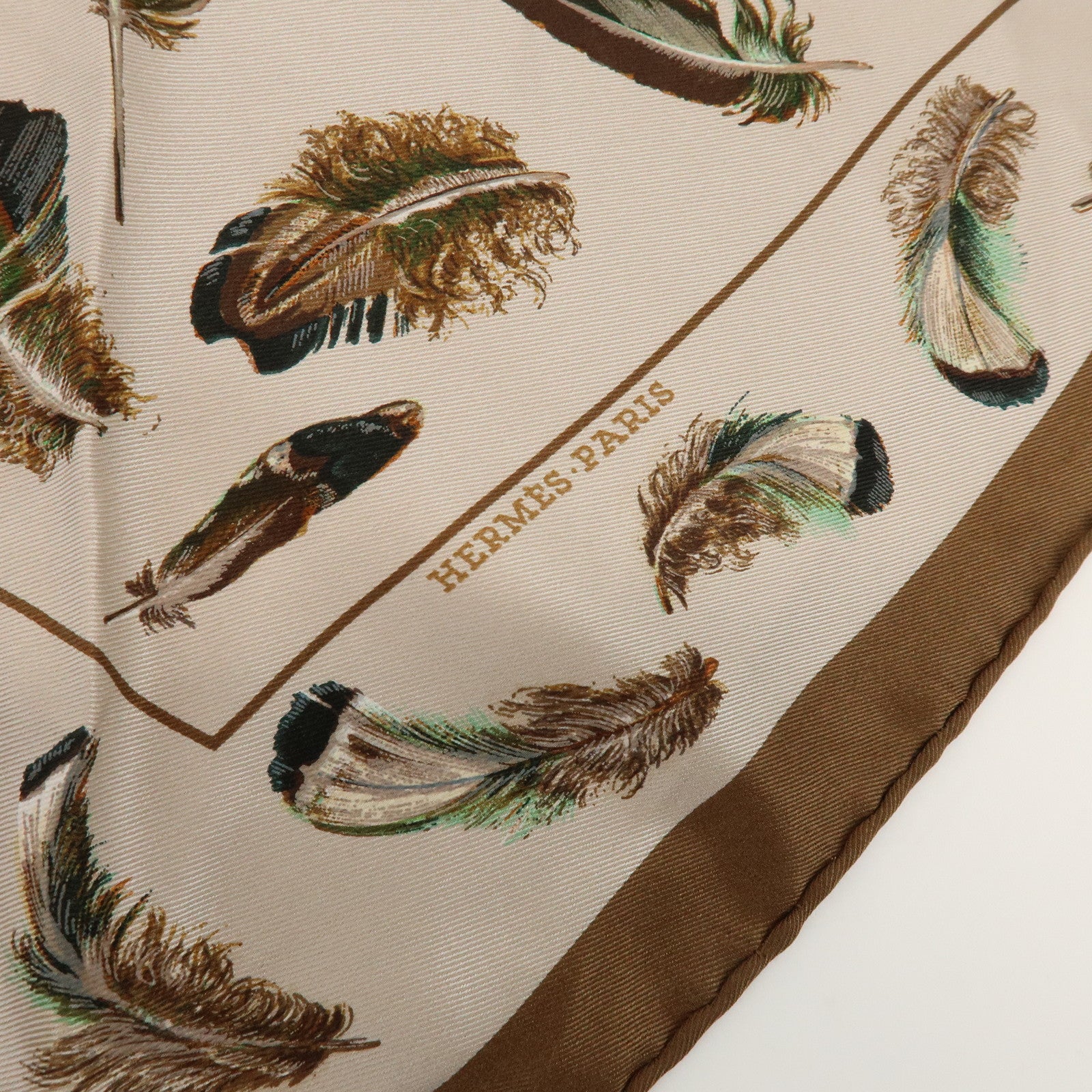 HERMES Pointu Silk 100% Scarf PLUMES Feather Print Brown Beige