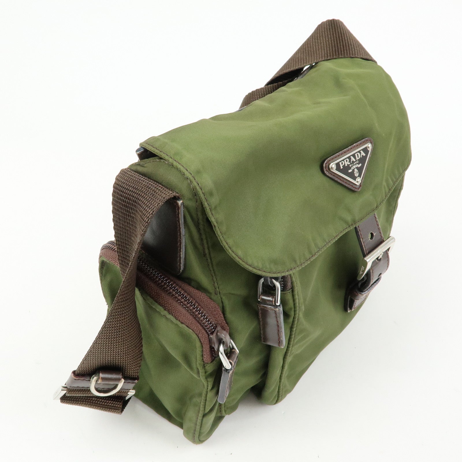PRADA Triangle Logo Nylon Leather Shoulder Bag Khaki Brown
