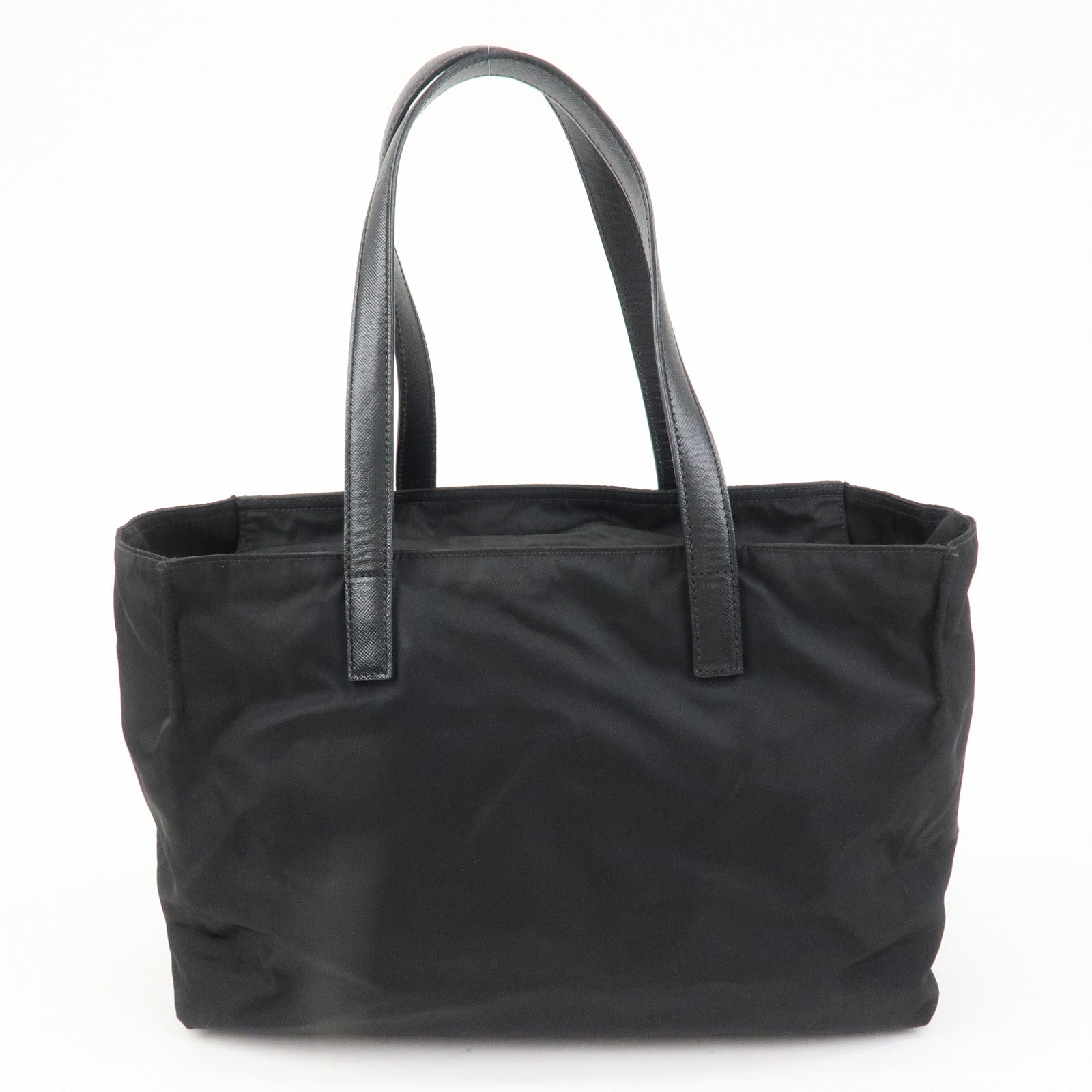 PRADA Triangle Logo Nylon Saffiano Leather Tote Shoulder Bag Black