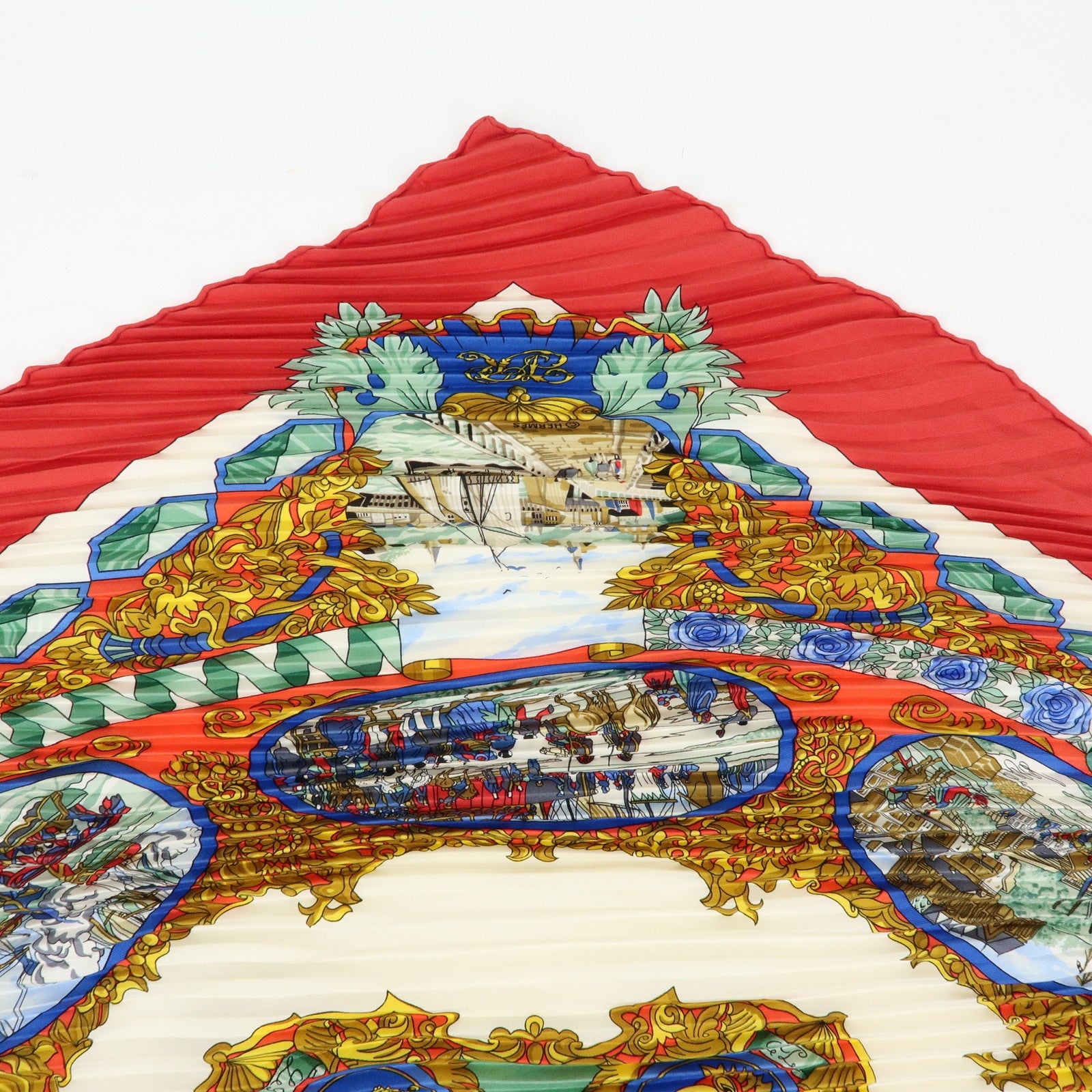 HERMES Pleated Carre Silk 100% Scarf L'ENTENTE CORDIALE Red Blue