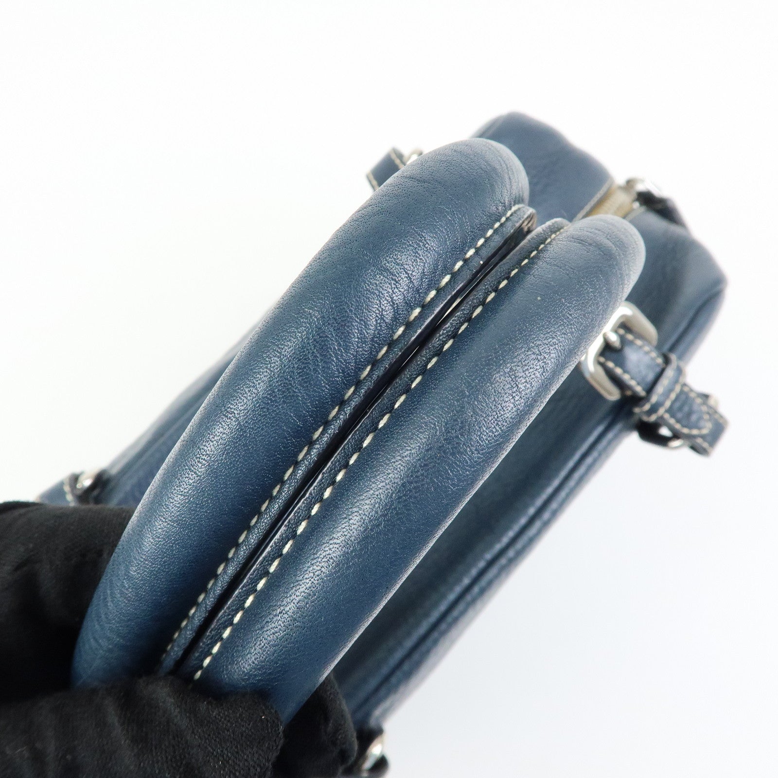 PRADA Calf Leather Boston Bag Shoulder Bag Hand Bag Navy BR3091
