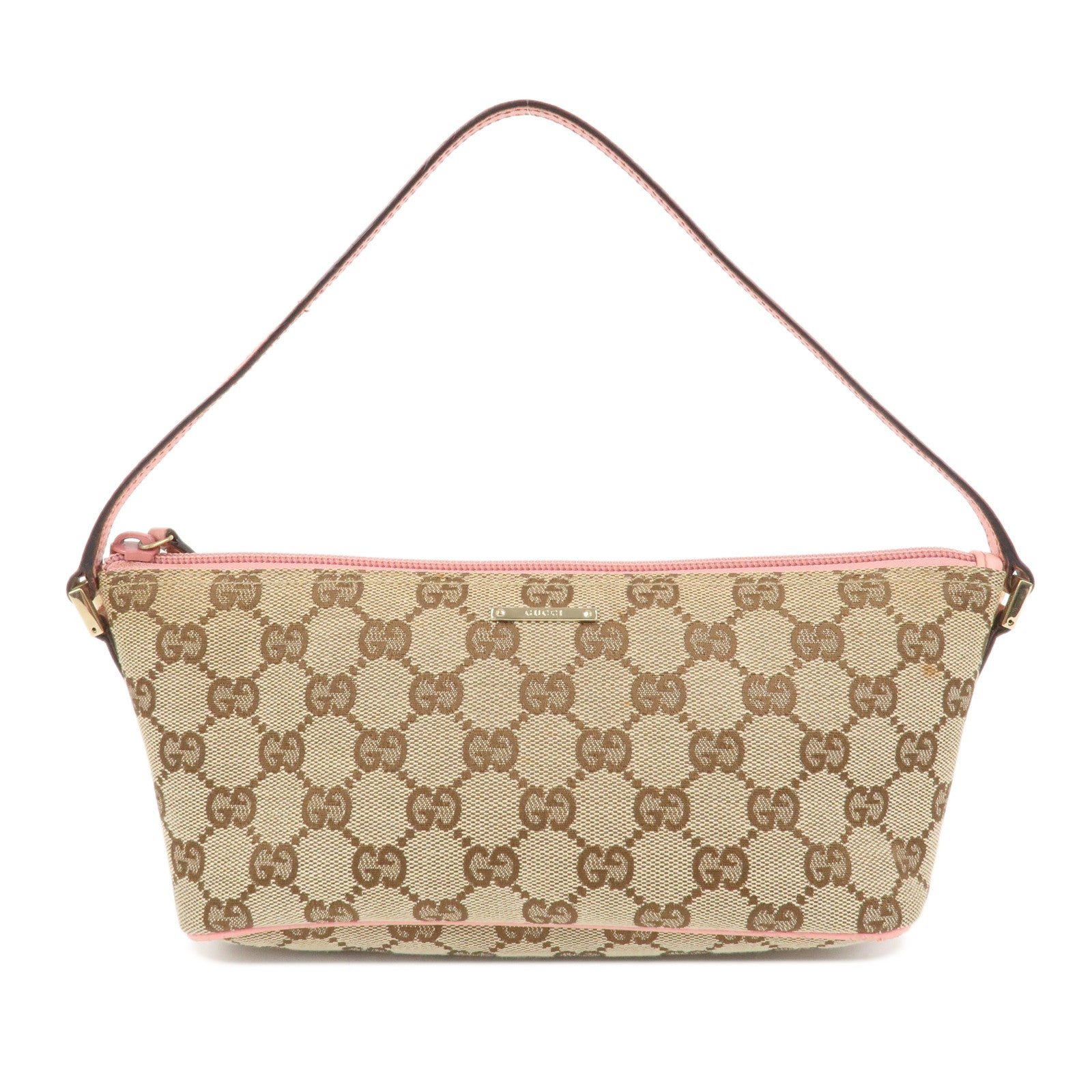 GUCCI Boat Bag GG Monogram Canvas Leather Hand Bag Beige Pink 07198