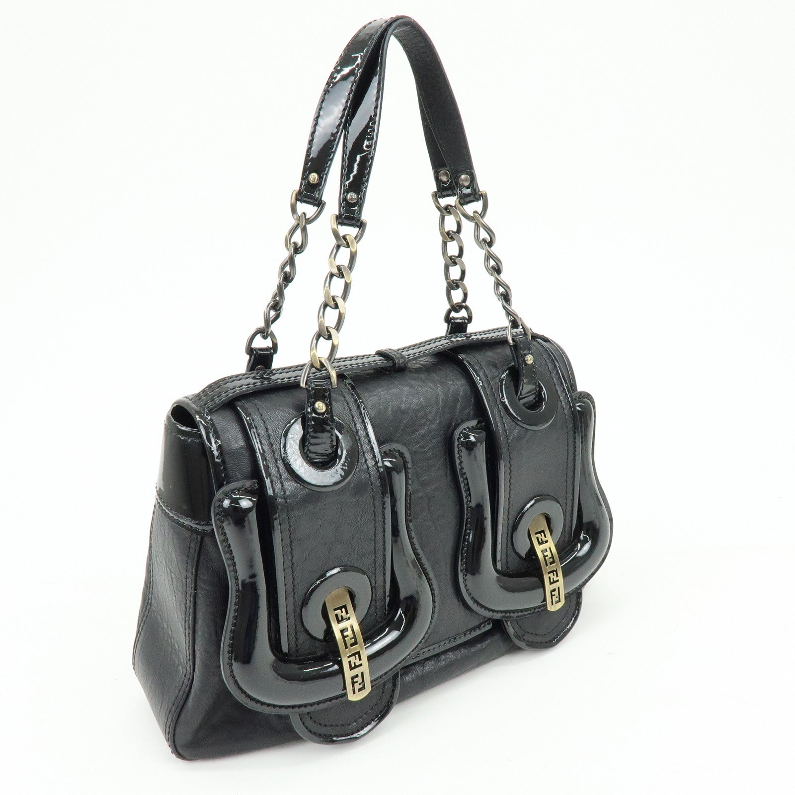 FENDI Patent Leather Chain Shoulder Bag Hand Bag Black 8BN165