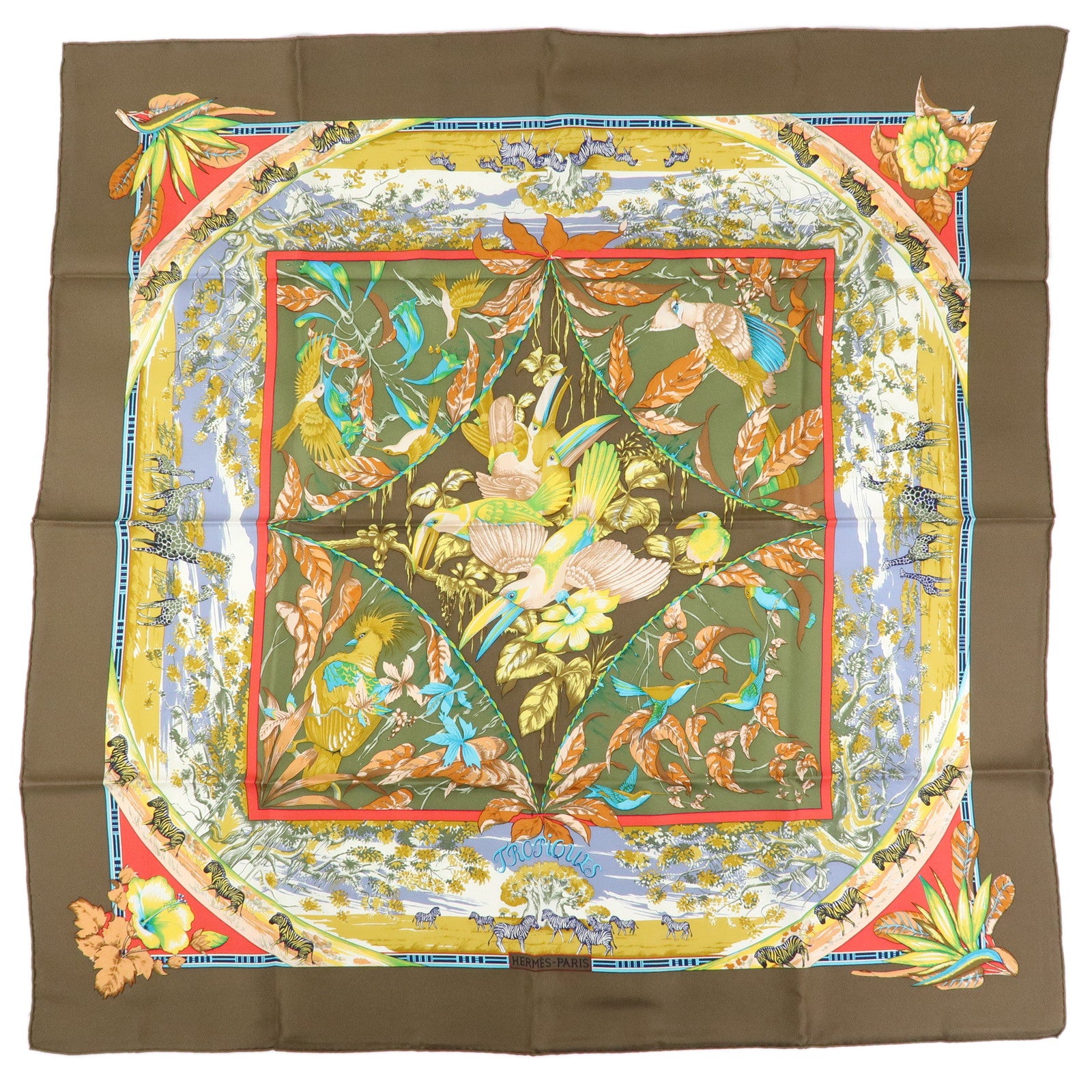 HERMES Carre 90 Silk 100% Scarf TROPIOUES Brown