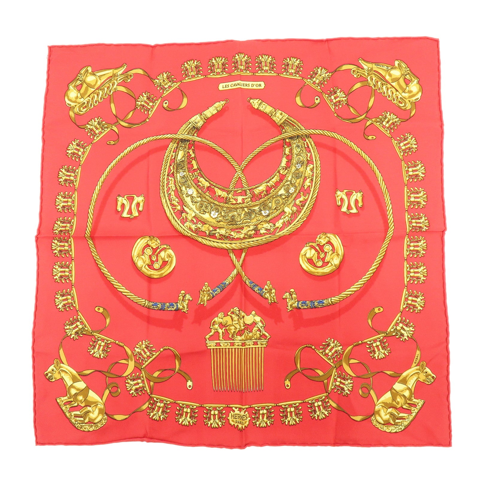HERMES Carre 40 Silk Scarf LES CAVALIERS D'OR Knight Motif Red Gold