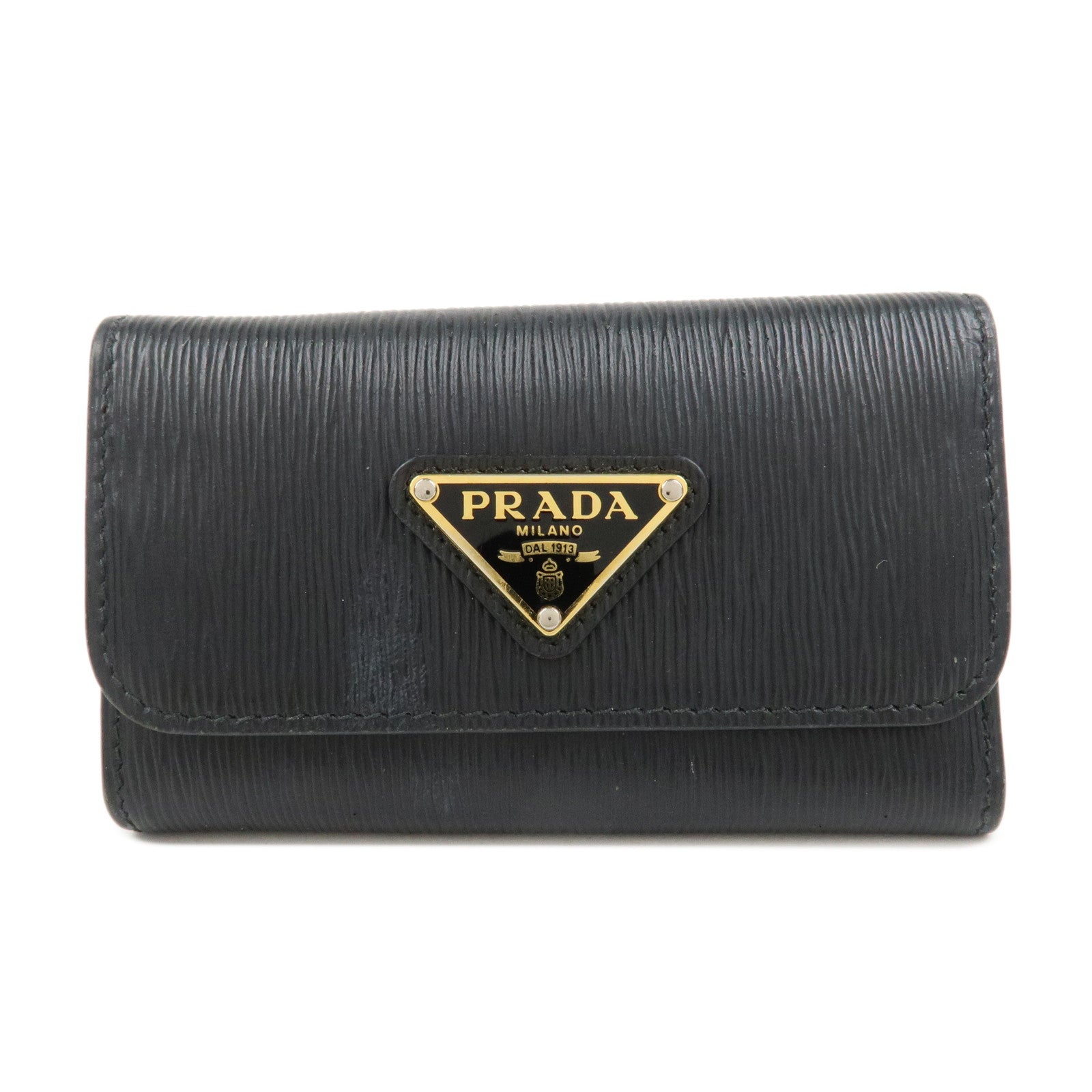 PRADA Triangle Logo Leather 6 Rings Key Case Black 1PG222