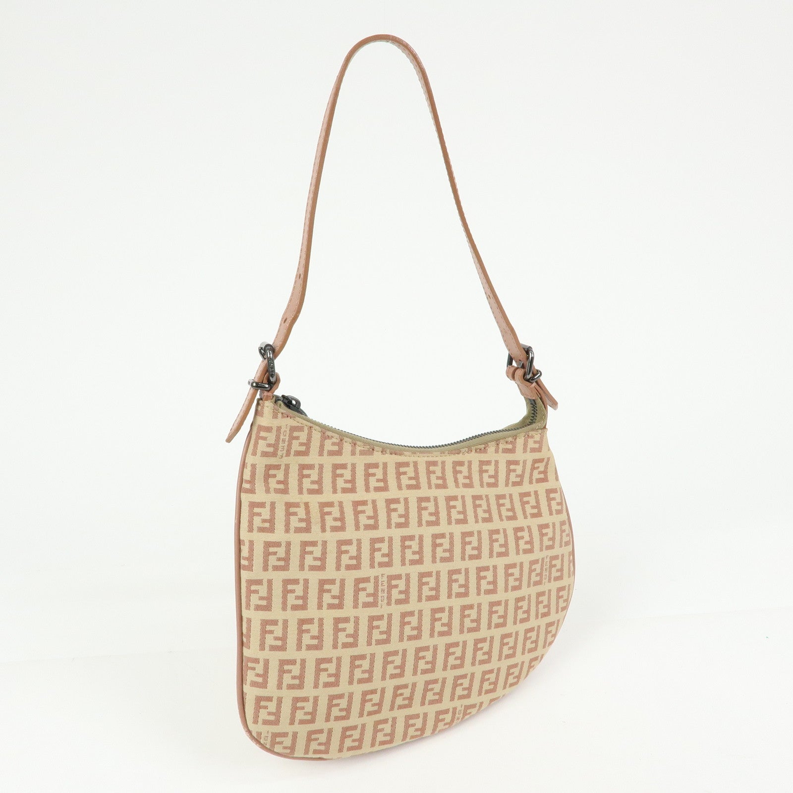 FENDI Zucchino Canvas Leather Hand Bag Beige Pink 8BR248