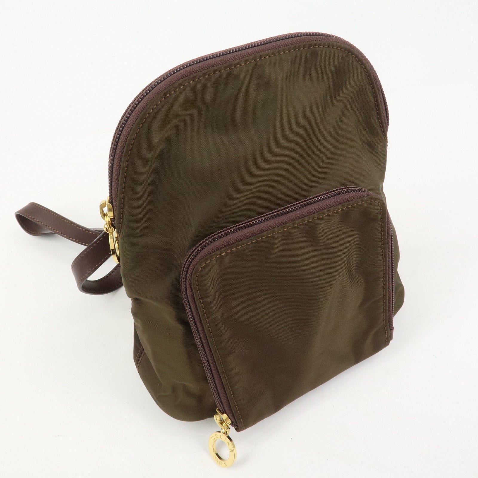 CELINE Logo Nylon Leather Backpack Ruck Sack Brown