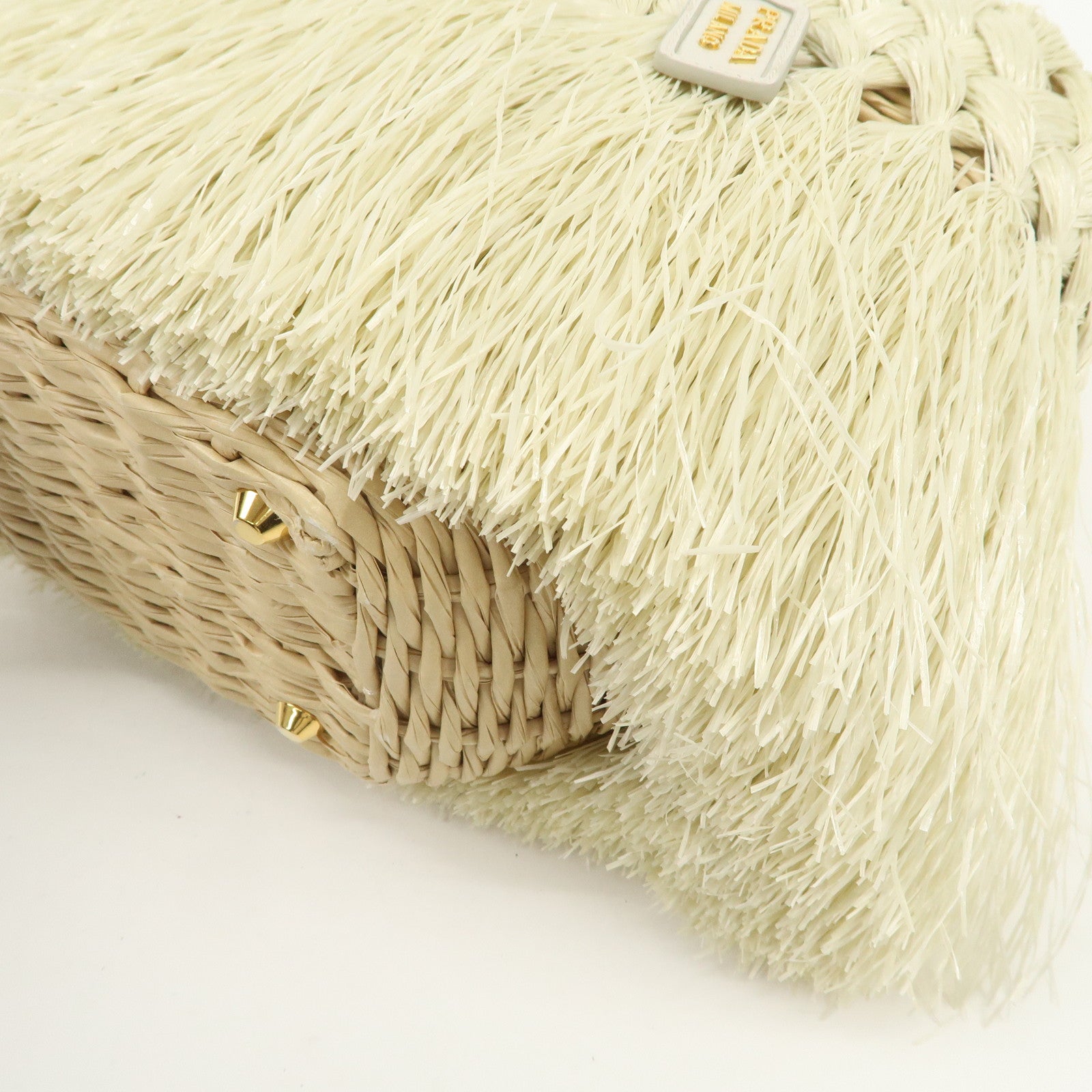 PRADA Logo Raffia Canvas Straw Hand Bag White Gold Charm1BG089