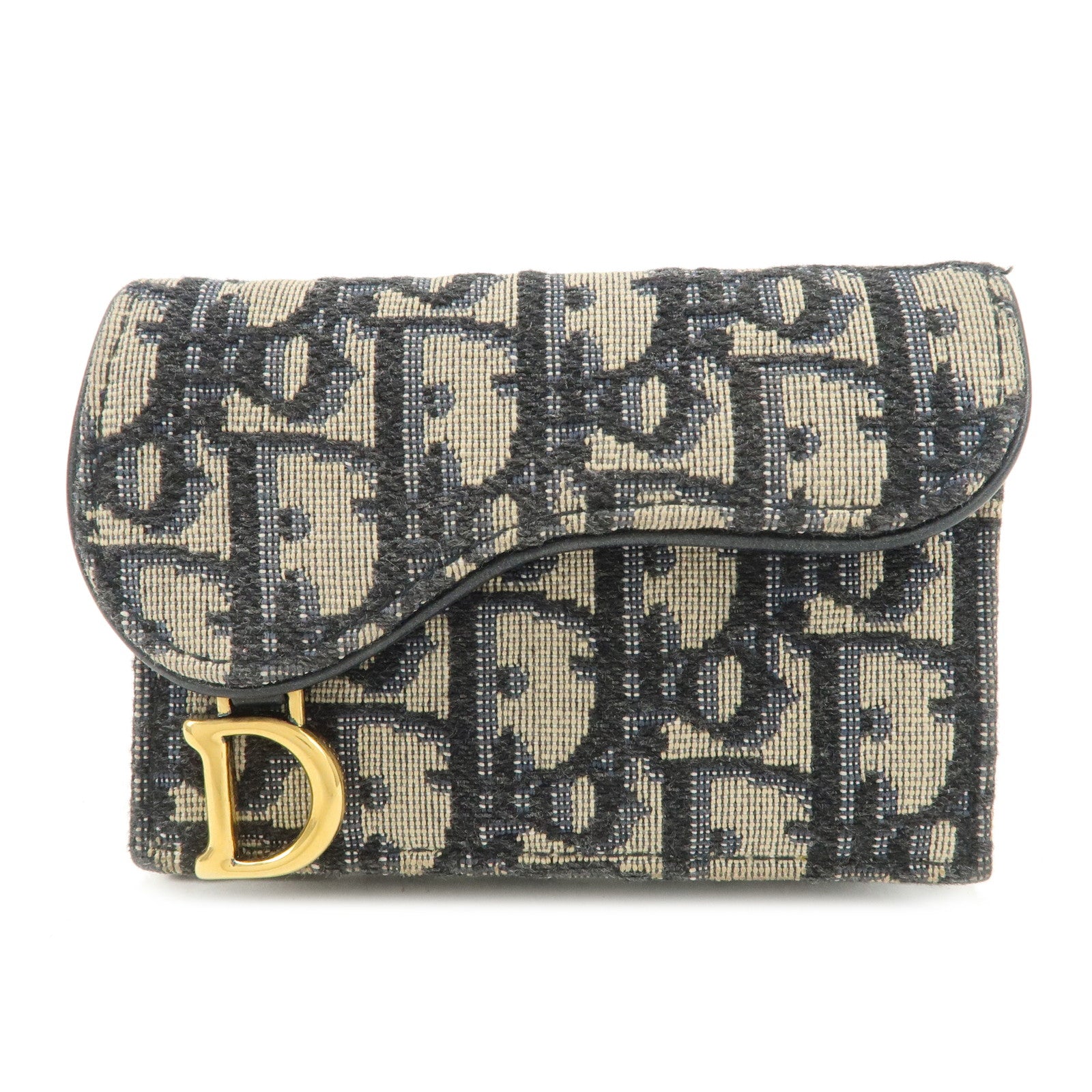 Christian Dior Oblique Canvas Leather Saddle Card Case Beige Navy Used