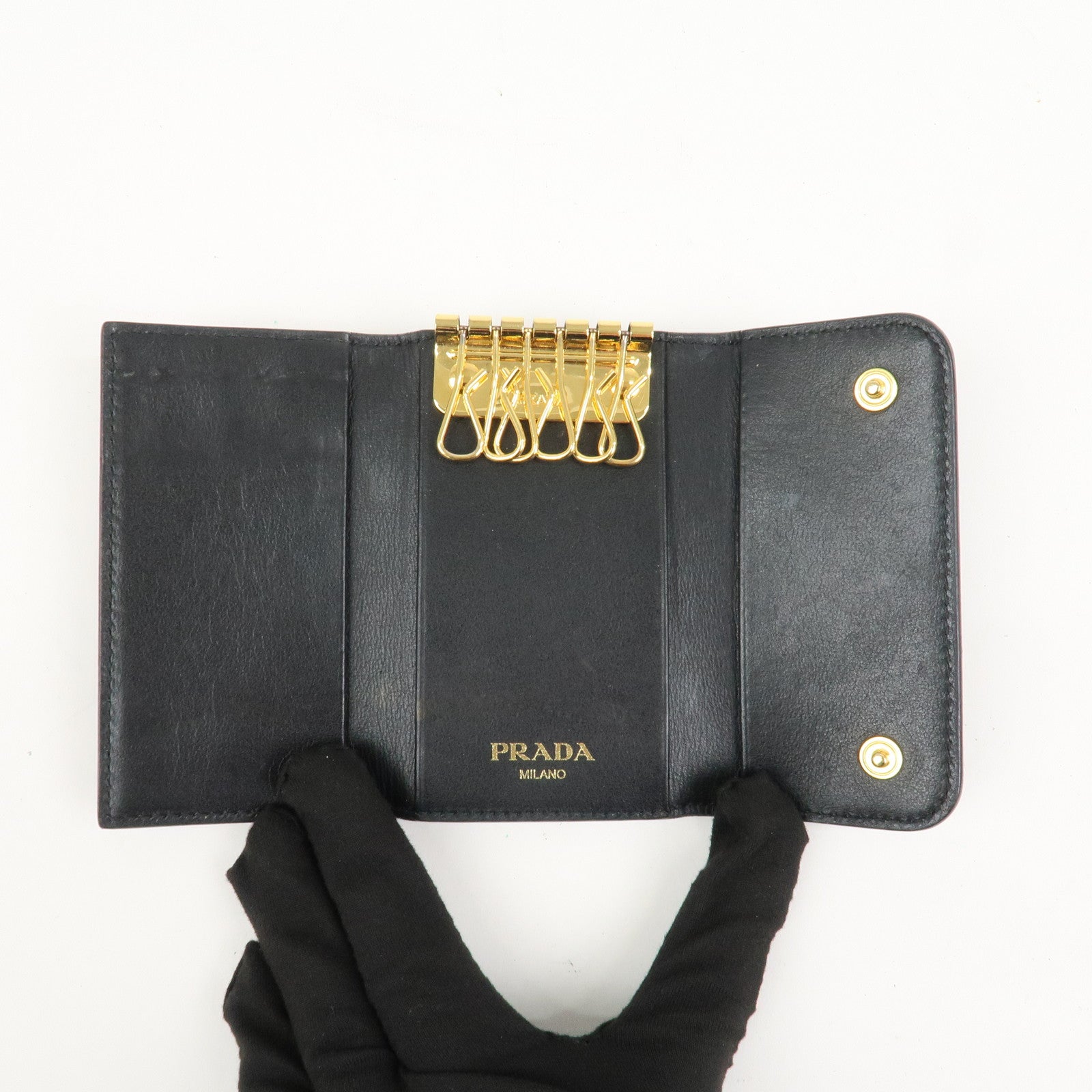 PRADA Triangle Logo Leather 6 Rings Key Case Black 1PG222