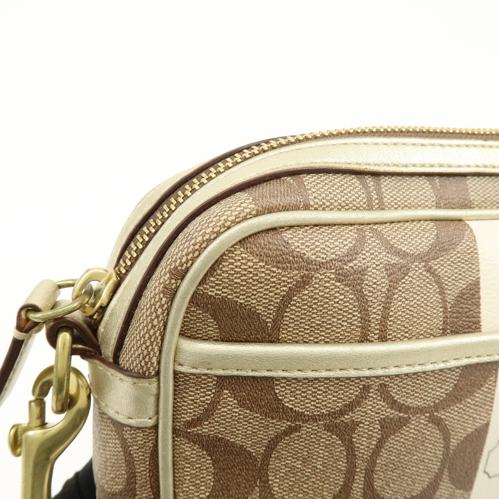 COACH Signature PVC Coated Canvas Leather Shoulder Bag Beige Gold