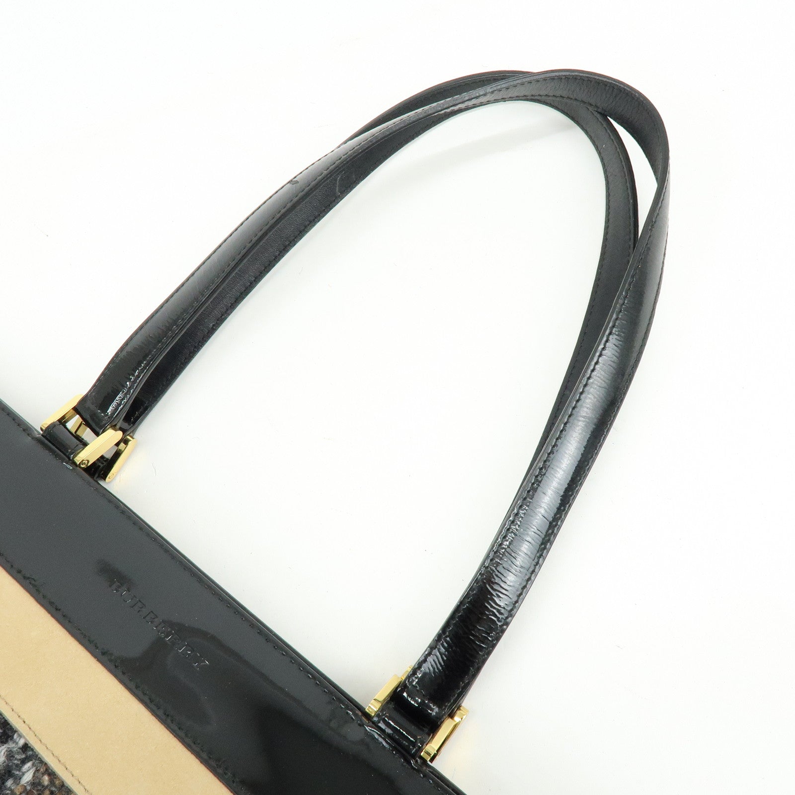 BURBERRY Tweed Patend leaether Suede Tote Bag Beige Black