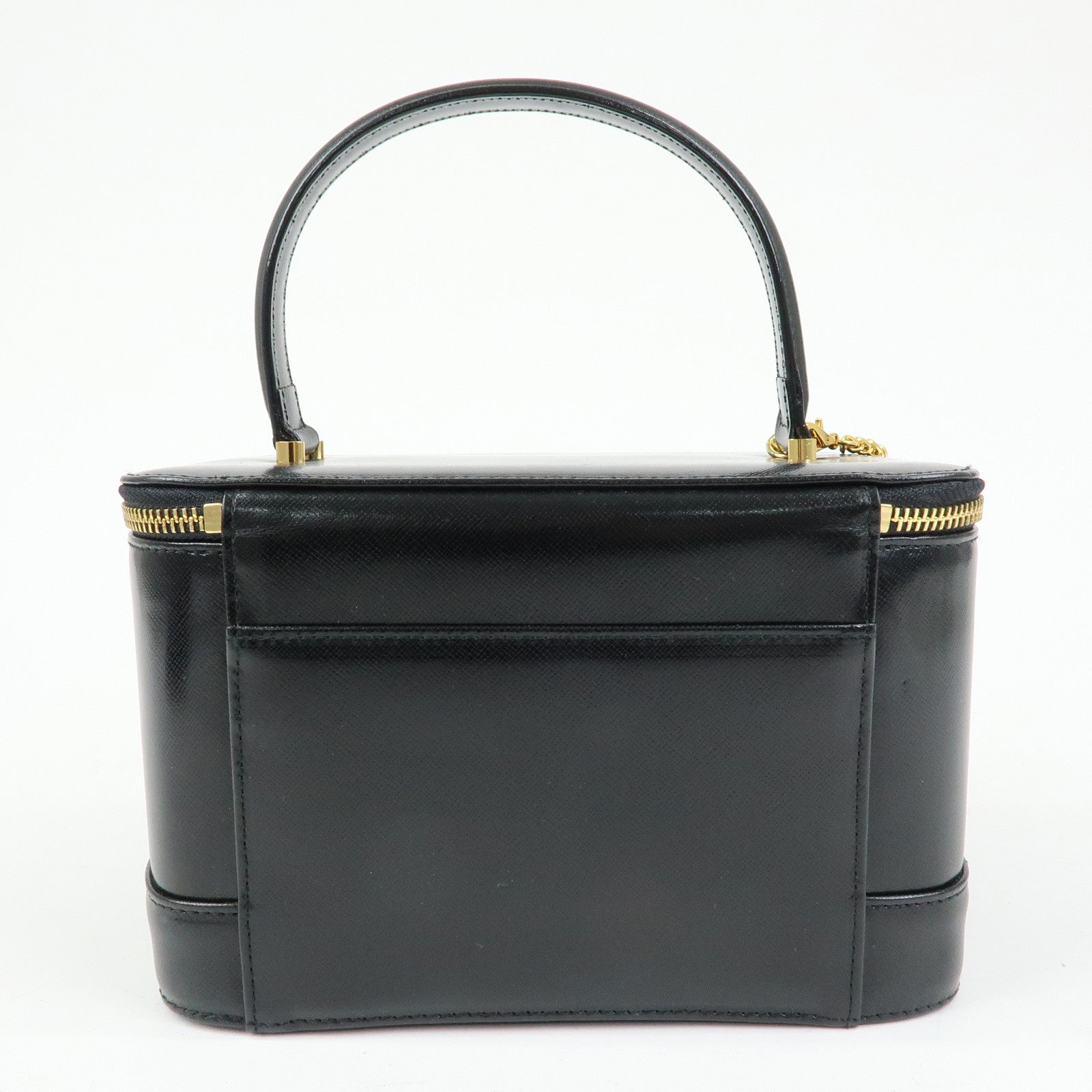 GIANNI VERSACE Leather Hand Bag Vanity Case Gold Charm Black